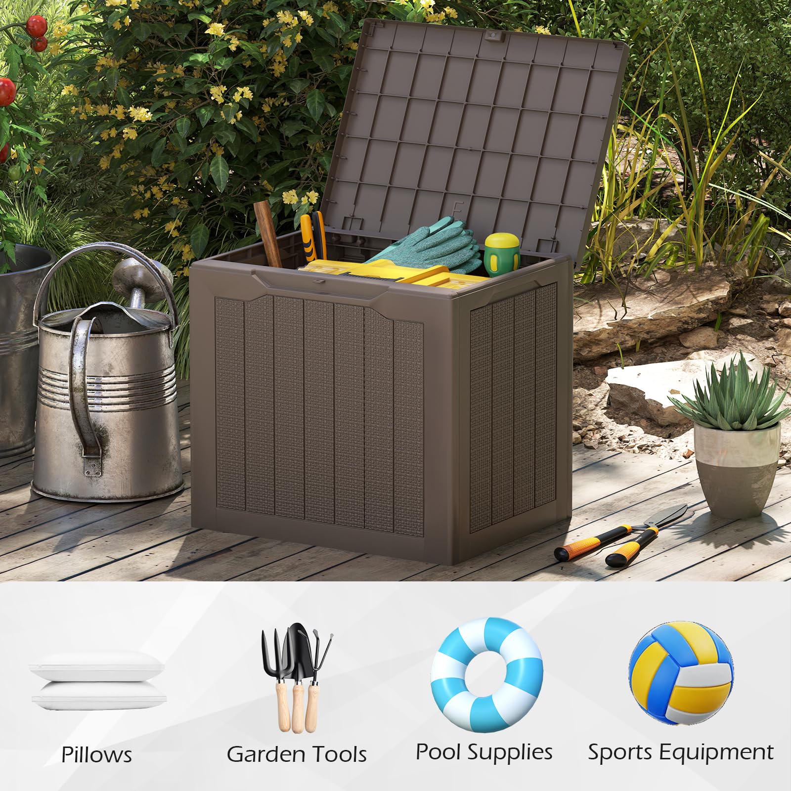 FANTASK Gartenbox 96 L, wasserfeste Aufbewahrungsbox Kissenbox für Poolzubehör, Gartengeräte, Paketzustellung, Gartenmöbel, Auflagenbox mit abschließbarem Deckel & Rattanoptik, Braun