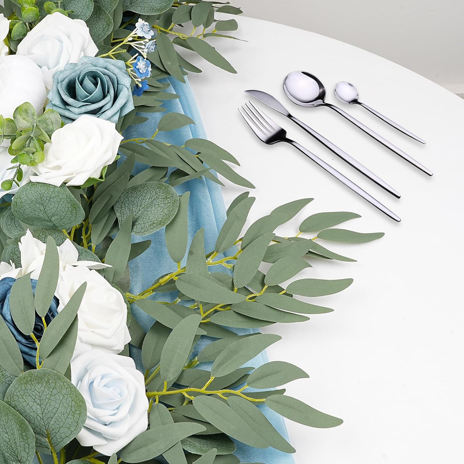Dusty Blue Flowers Wedding Table Decor - Table Runner & Arch Backdrop with Eucalyptus & Blue Floral Garland