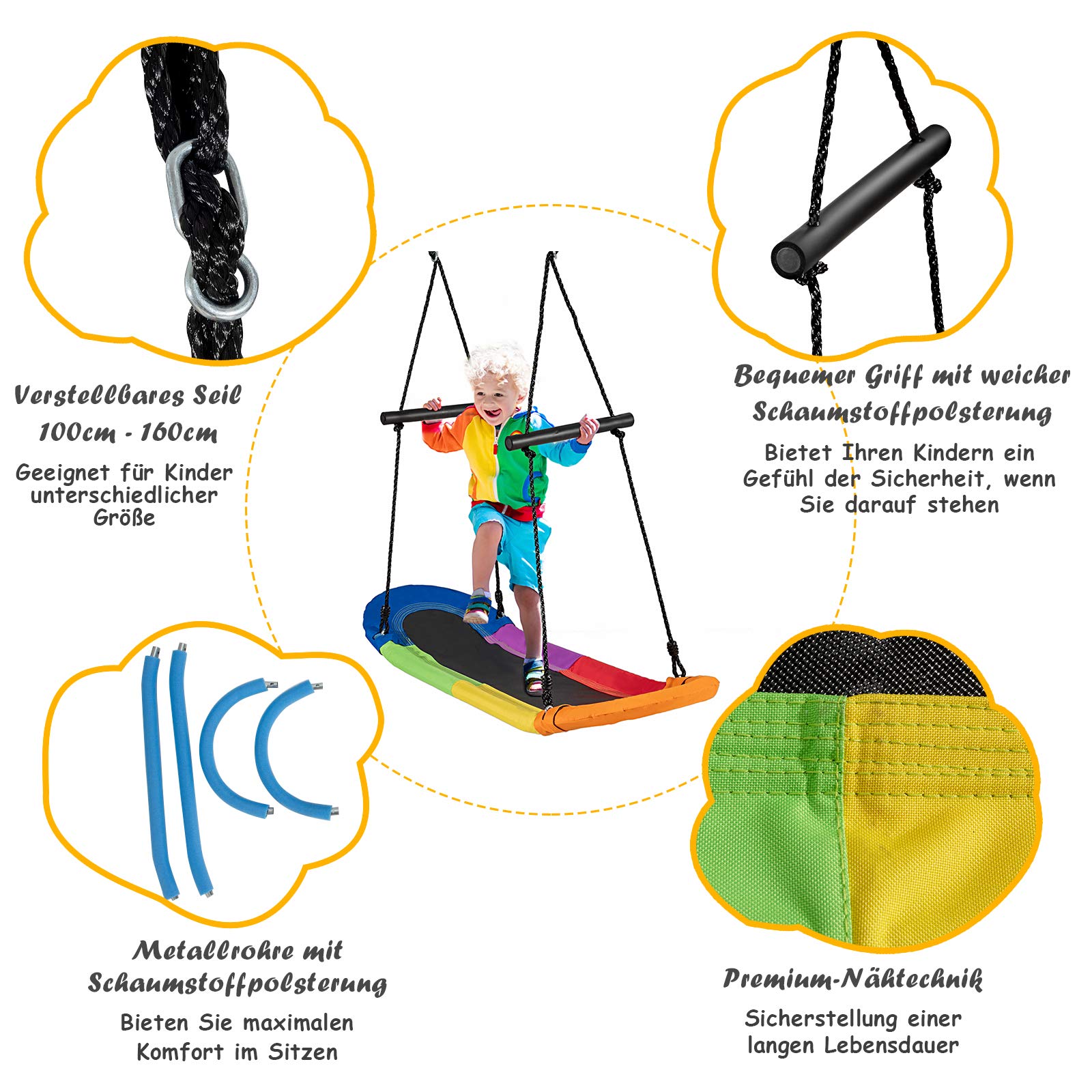 COSTWAY Nestschaukel oval, Skateboard Schaukel mit Griffen, Kinderschaukel bis 150 kg belastbar, Outdoor Mehrkindschaukel, Baumschaukel, Gartenschaukel für Kinder & Erwachsene (Bunt)