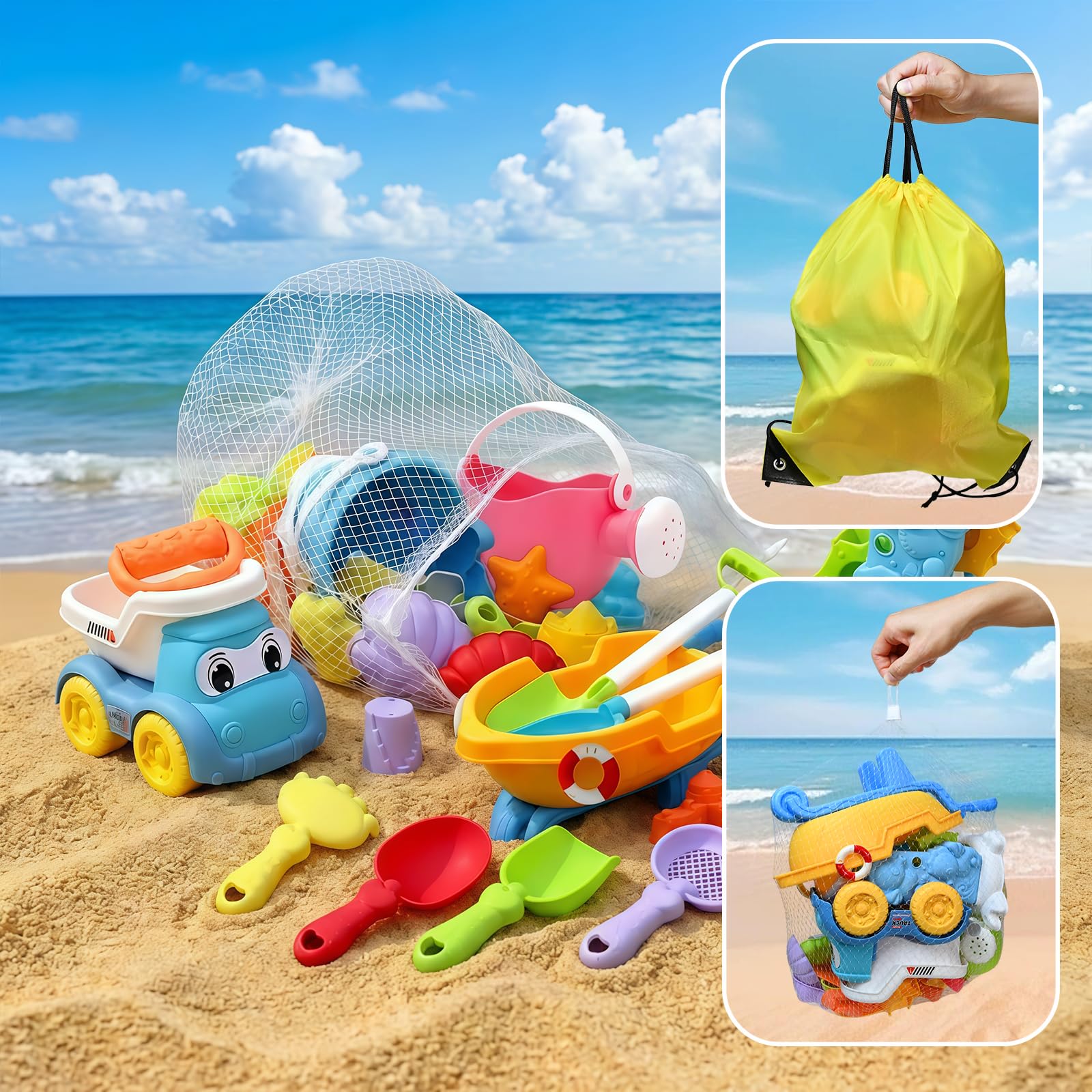 Juguetes Playa 31 Piezas, Juguetes de Playa Set para Niños con Cubo, Vehículos de Construcción, Moldes de Arena, Palas, Bolsa Malla Juguete Playa para Niñas Niños 3 4 5 6 7 Años