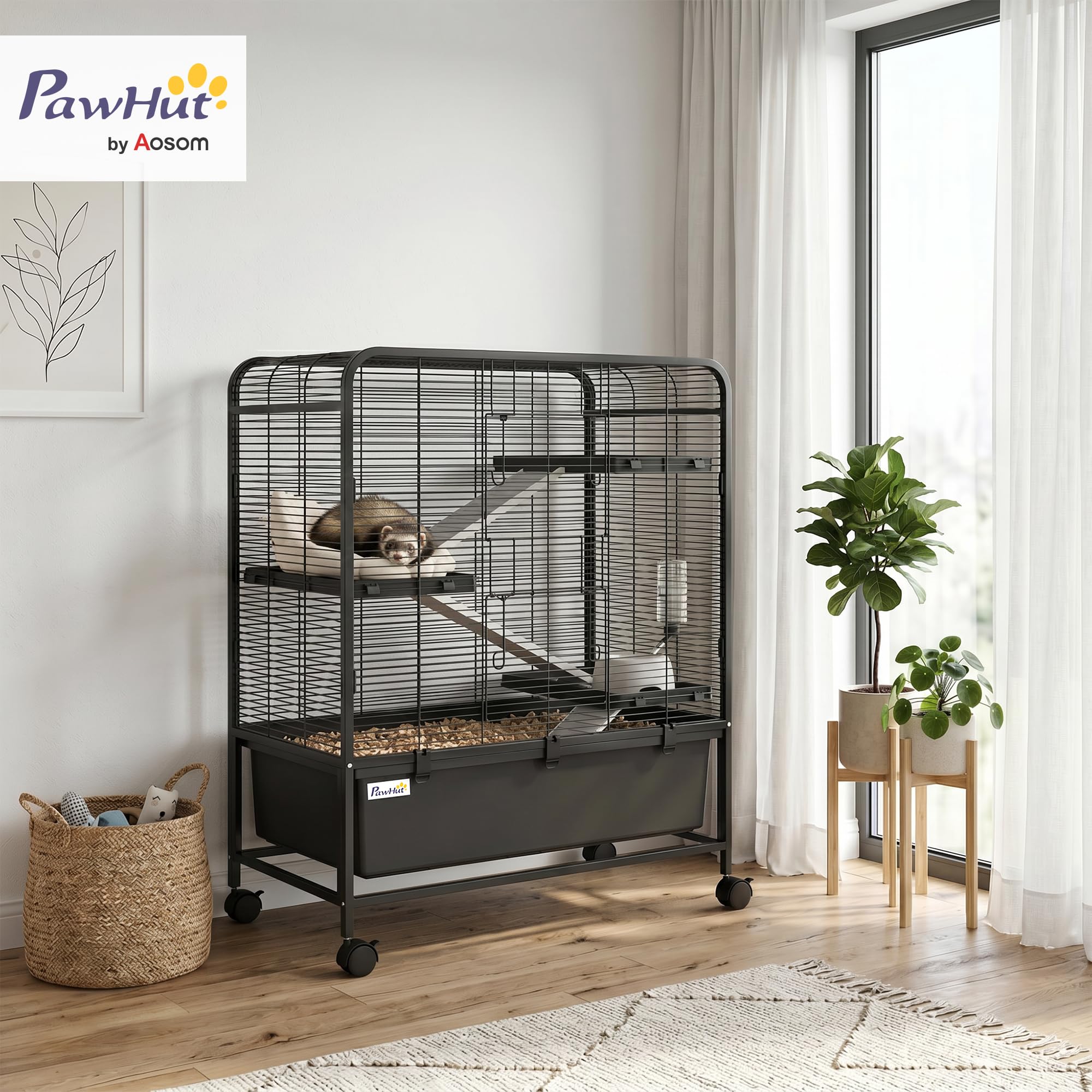 PawHut Gabbia per Conigli in Acciaio a 4 Livelli con Piattaforme, Rampe, Ruote, Serbatoio Acqua, Ciotola e Vassoio Rimovibile, Gabbietta per Criceti, Porcellini d'India, Furetti, 75x46x94.5 cm, Nero