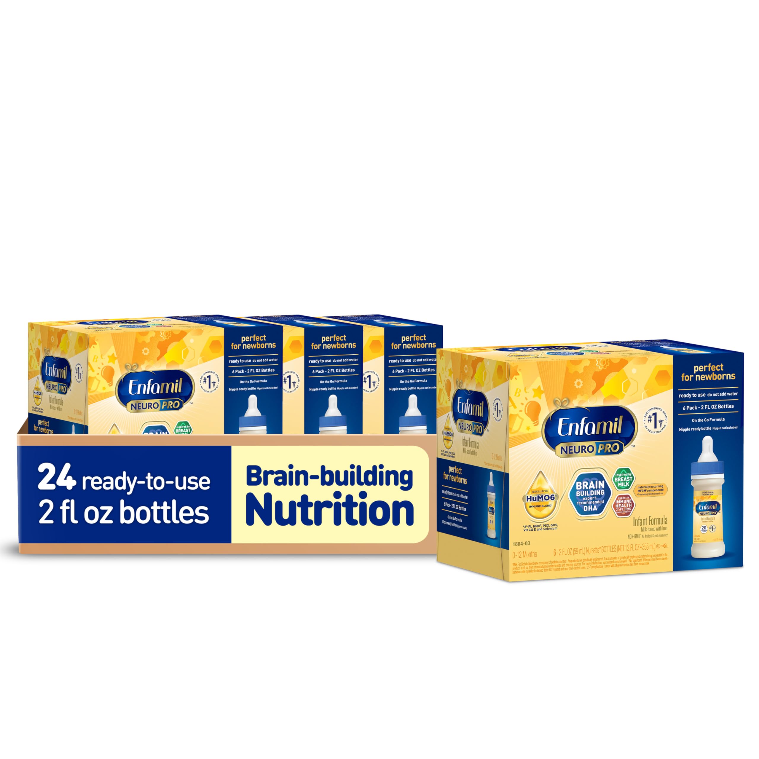 NeuroPro Ready-to-Use Baby Formula, Ready to Feed, Brain and Immune Support with DHA, Iron and Prebiotics, Non-GMO, 2 Fl Oz Nursette Bottles (6 count) (Pack of 4), Total 24 bottles