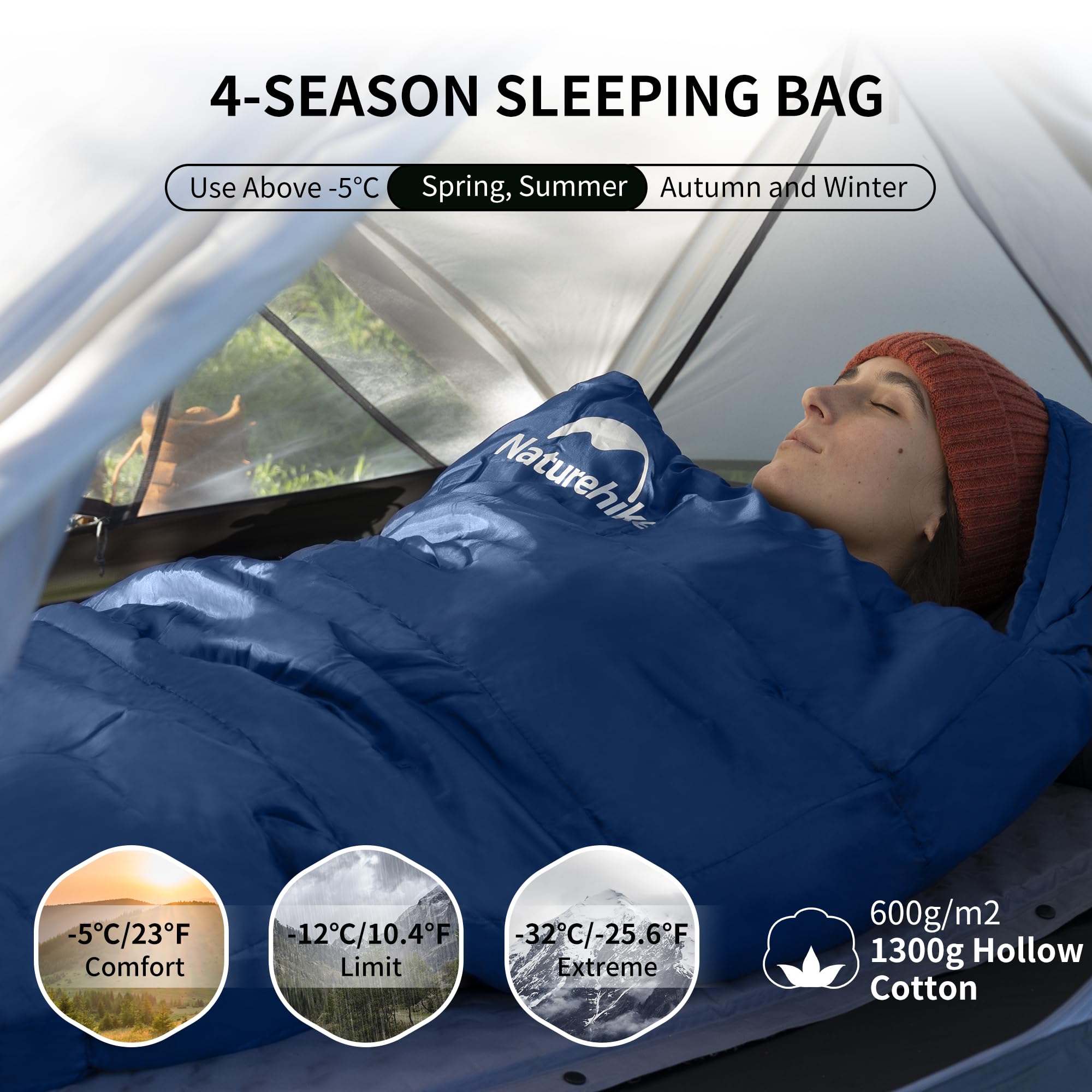 Naturehike Saco de dormir para clima frío, saco de dormir de 0 grados para clima frío, saco de dormir de algodón de invierno para adultos para senderismo y camping, MJ600 azul