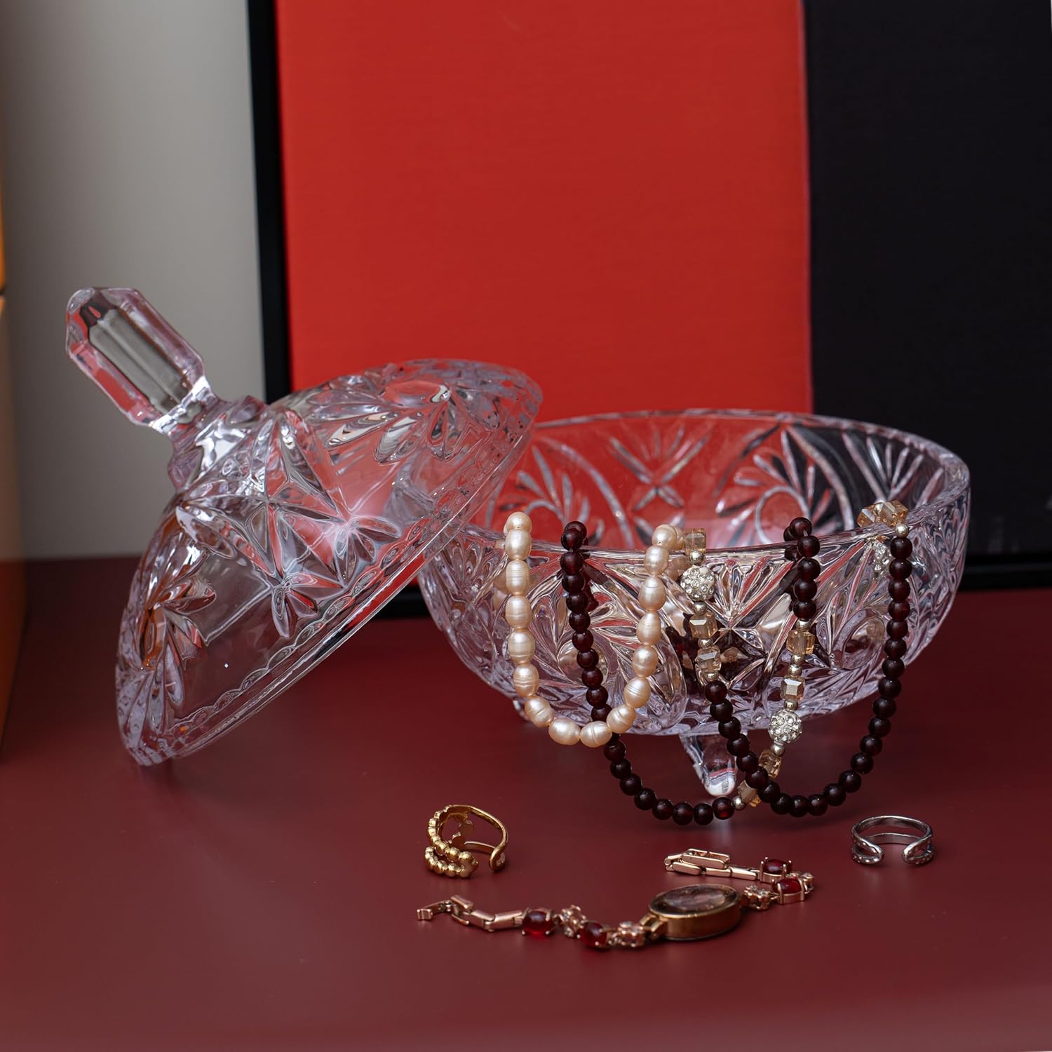 Cystone 27oz Large Glass Candy Dish with Lid, Crystal Candy Bowl, Embossed Decorative Storage Jar for Office Desk, Jewelry Box, Biscuit, Christmas, Wedding, Birthday Gift - Image 8