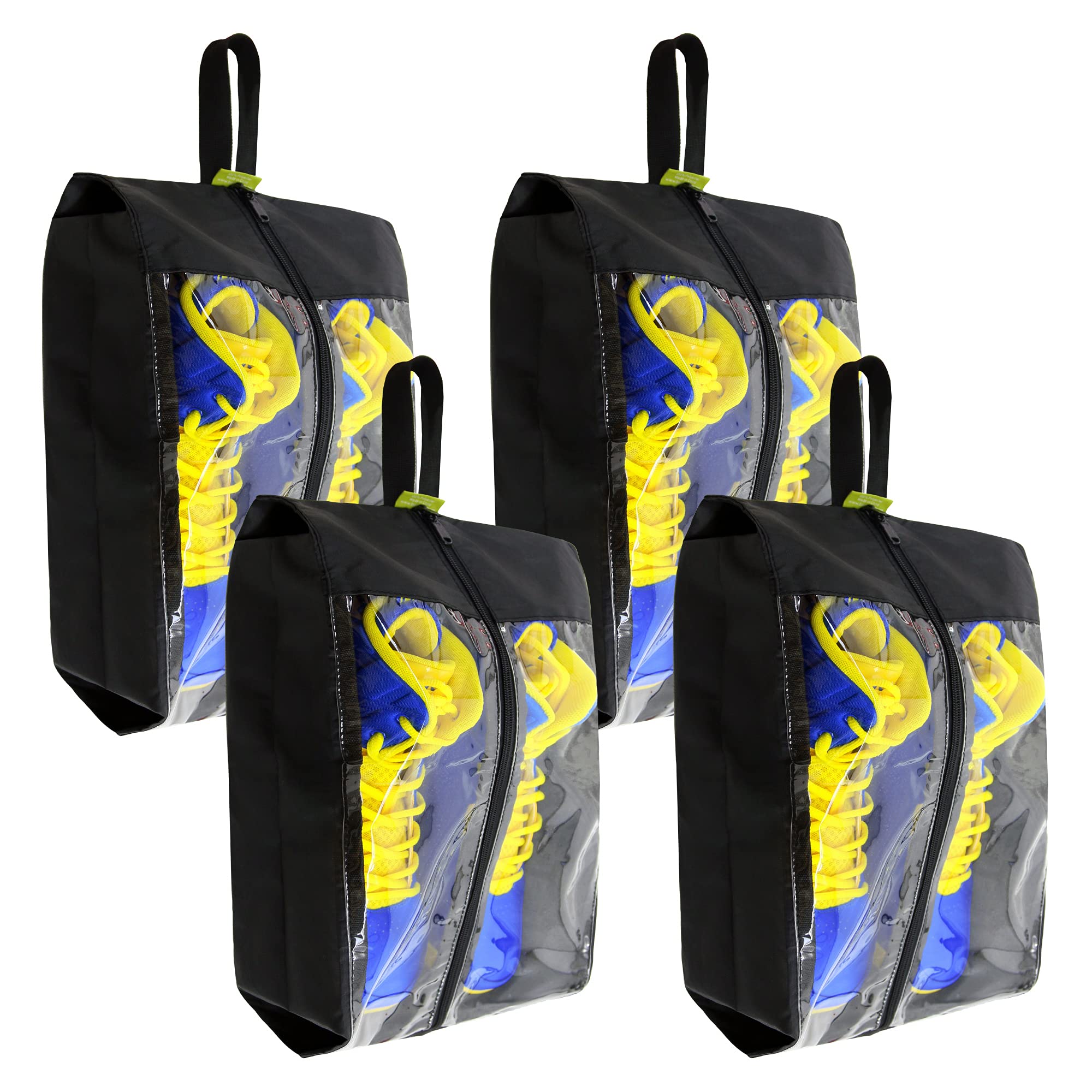 BeeGreen Black Transparent Shoe Bags 4 Pack for Travel with Handle as Packing Organizers for Suitcase and Luggage | Portable Nylon Storage Accessories for Vacations, Essential Gifts for Women and Men