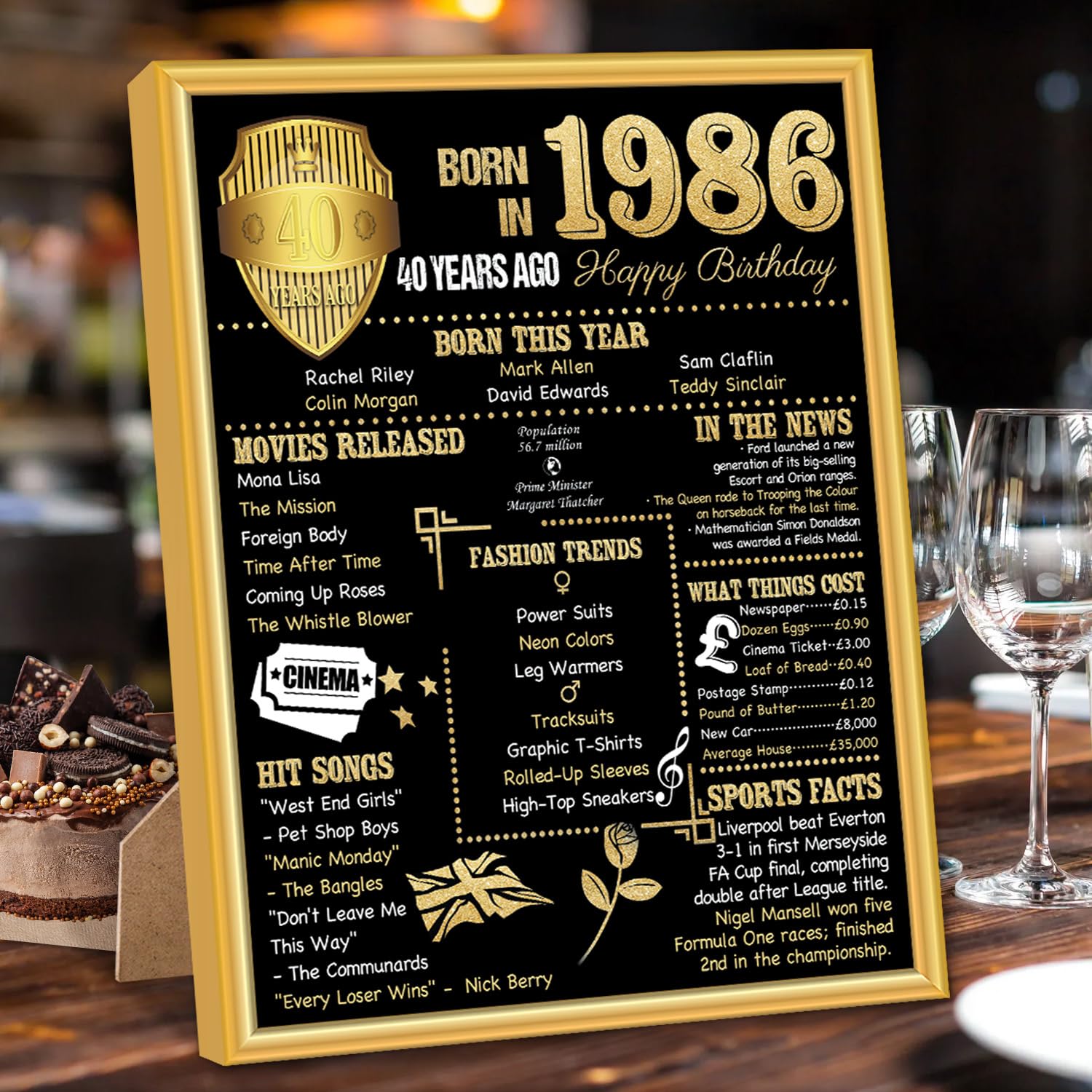 Benjia 1986 Poster Framed UK, Happy 40th Birthday Sign Card Party Decor Supplies Home Decoration Birthday Gift 40 Years Old Wedding Newspaper For Men Women (8x10 inch, Black Gold)