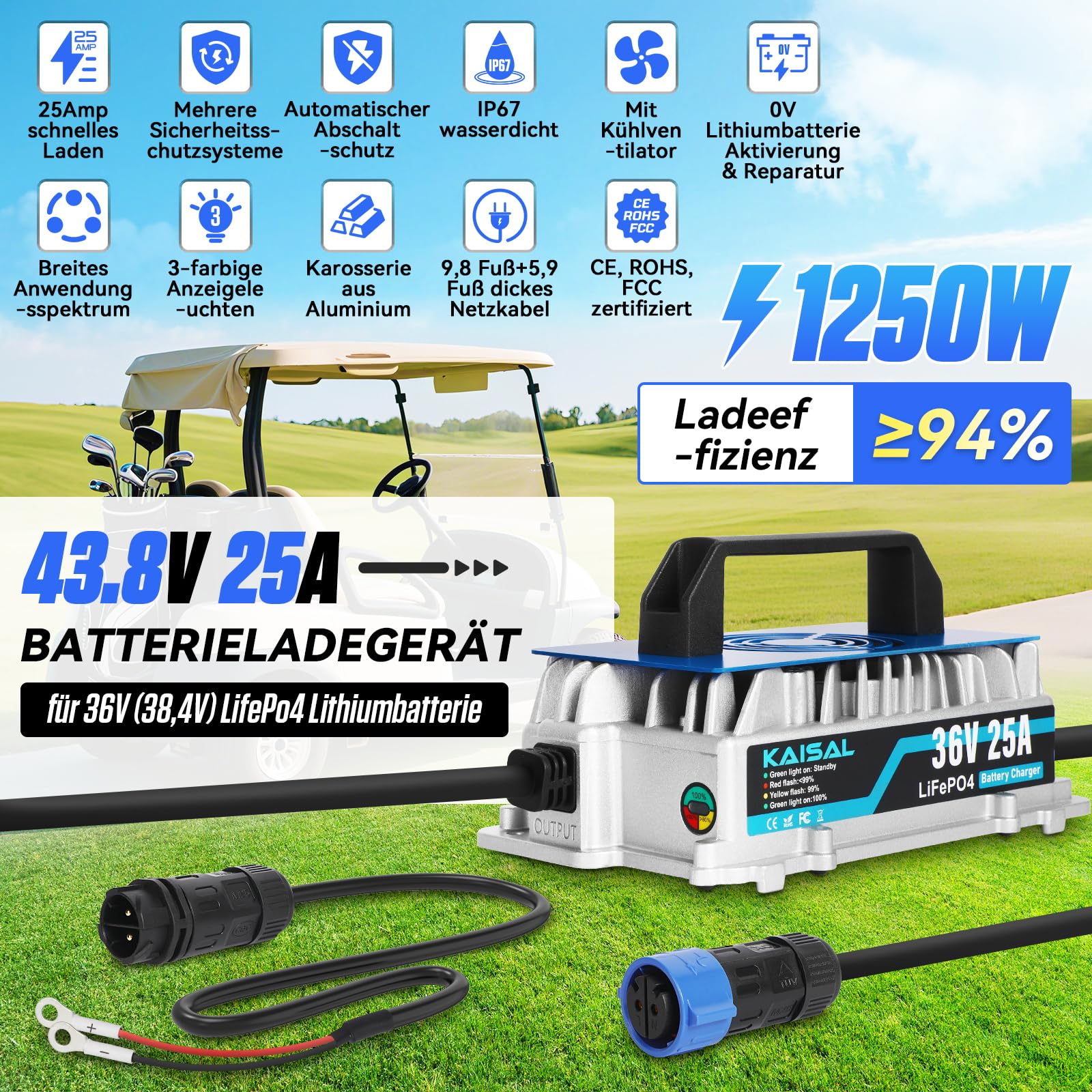 KAISAL LiFePO4 Ladegerät 43.8V 25A für 36V LiFePO4 Lithium Batterien
