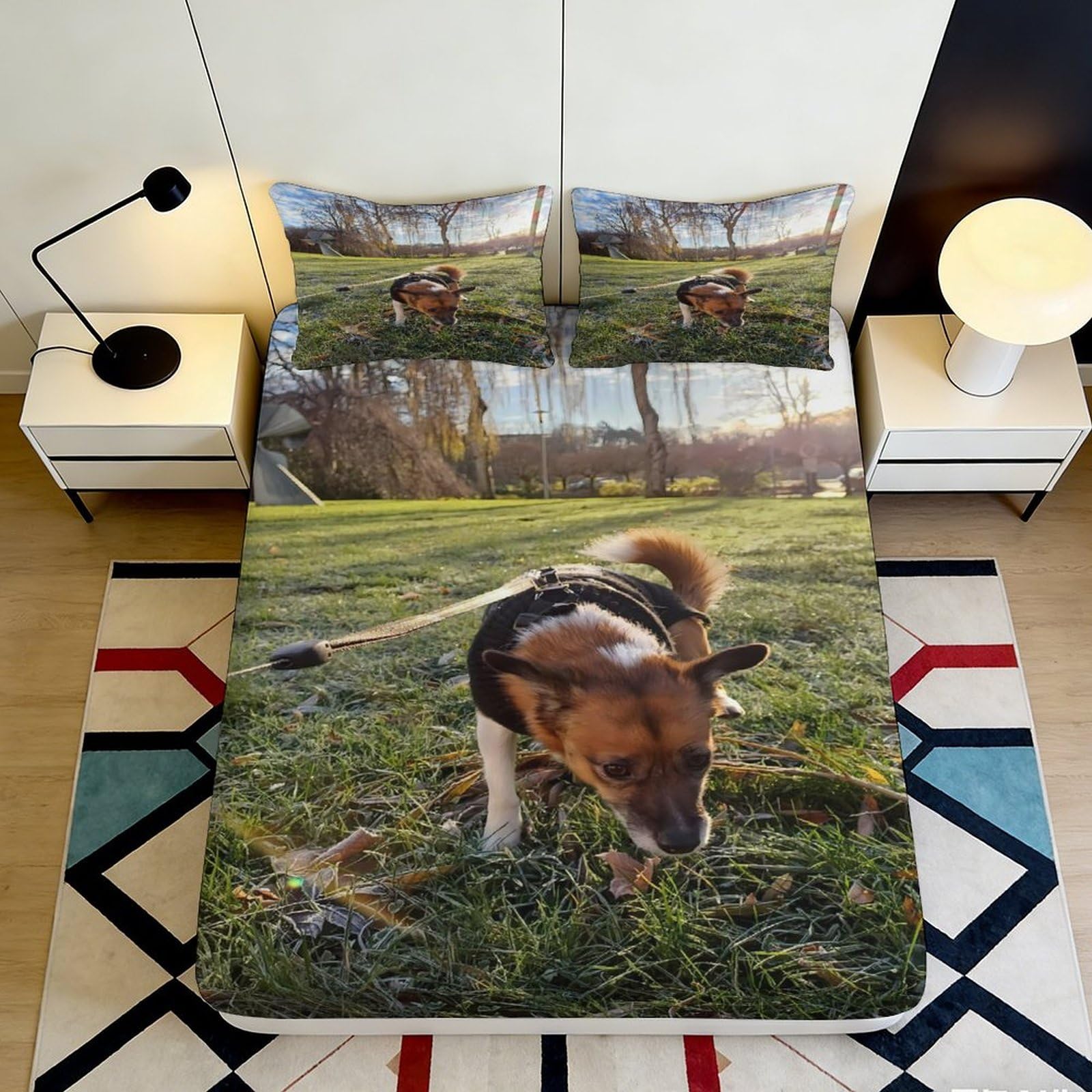 3D Printed Autumn Pet Dog Fitted Sheet Microfiber Deep Pocket Elastic Hem Autumn Pet Dog Mattress Fitted Cover for Bedroom 160x200x25cm