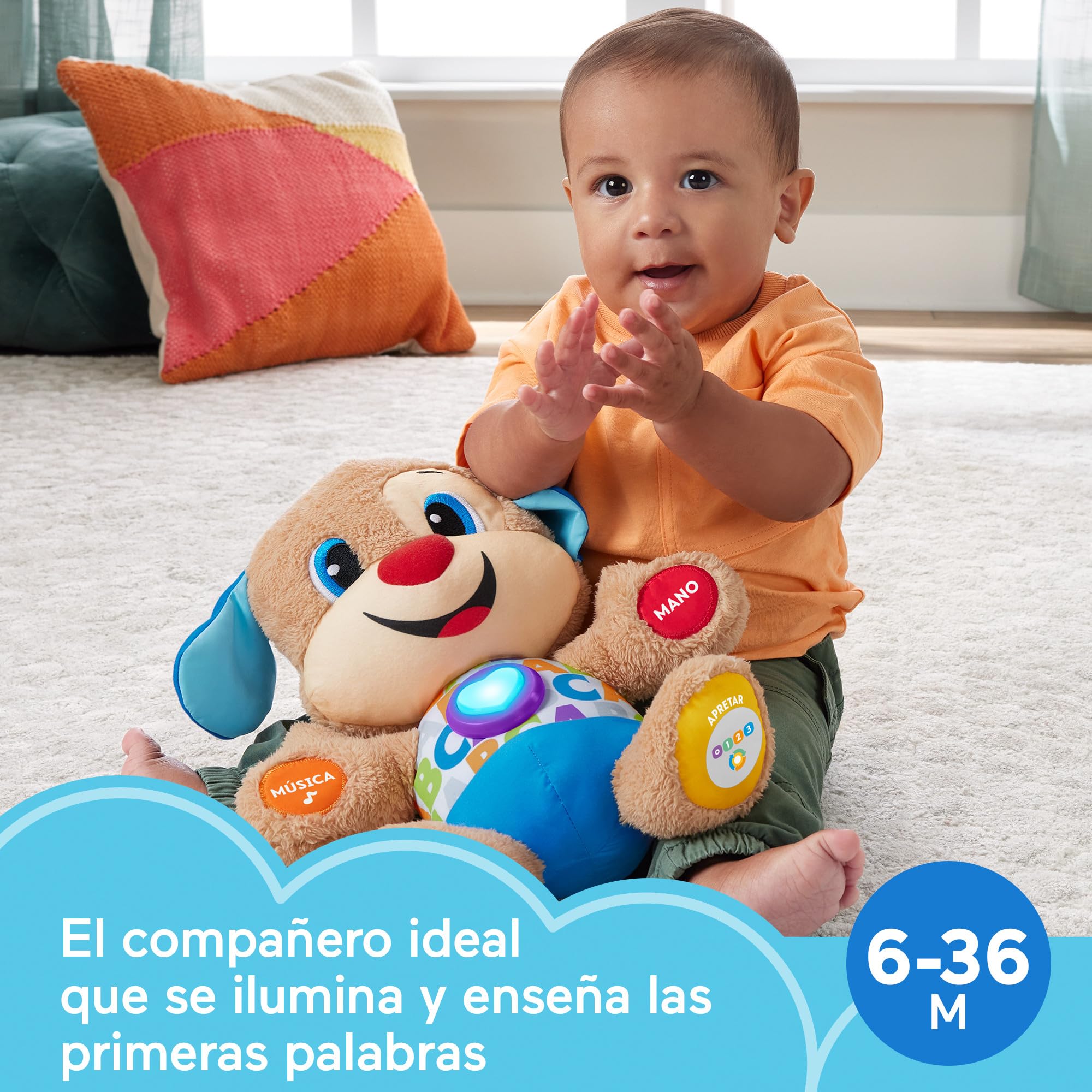 Fisher-Price Ríe y Aprende Perrito Primeros Descubrimientos, Peluche Interactivo con Luces y Sonidos, Juguete bebé +6 Meses, versión español (FPM53)