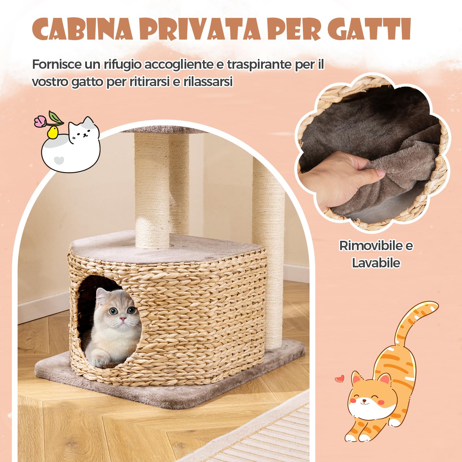 GYMAX Tiragraffi per Gatti, 60 x 48 x 131 cm, Intreccio a Mano di Giunco, Tronco in Sisal, Ideale per Gatti Grandi Adulti Medi Piccoli (Stile 7)