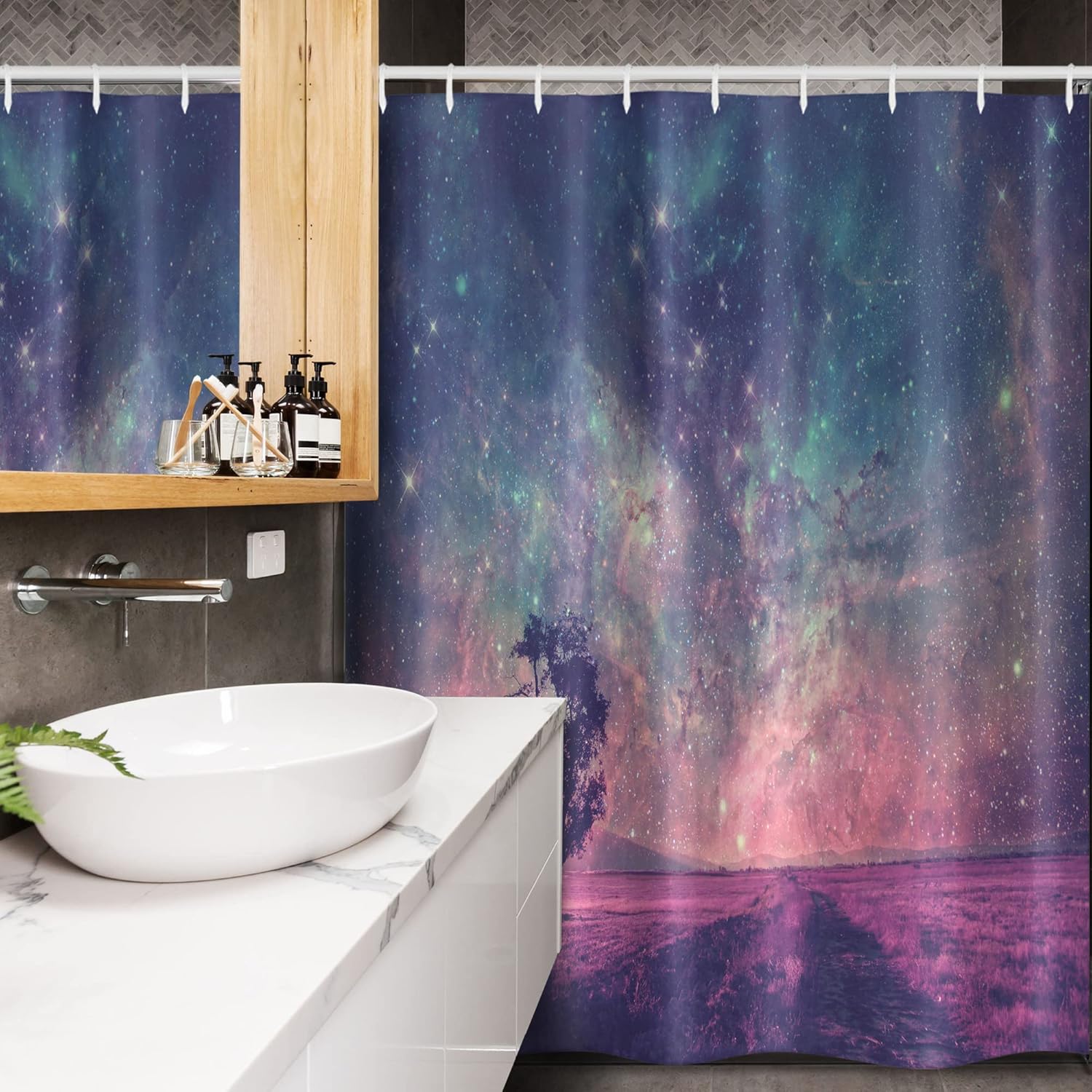 Ambesonne Galaxy Stall Shower Curtain, Lonely Tree Silhouette Space NASA Furnished Elements Art, Fabric Bathroom Decor Set with Hooks, 54" W x 78" L, Pink Coral Blue