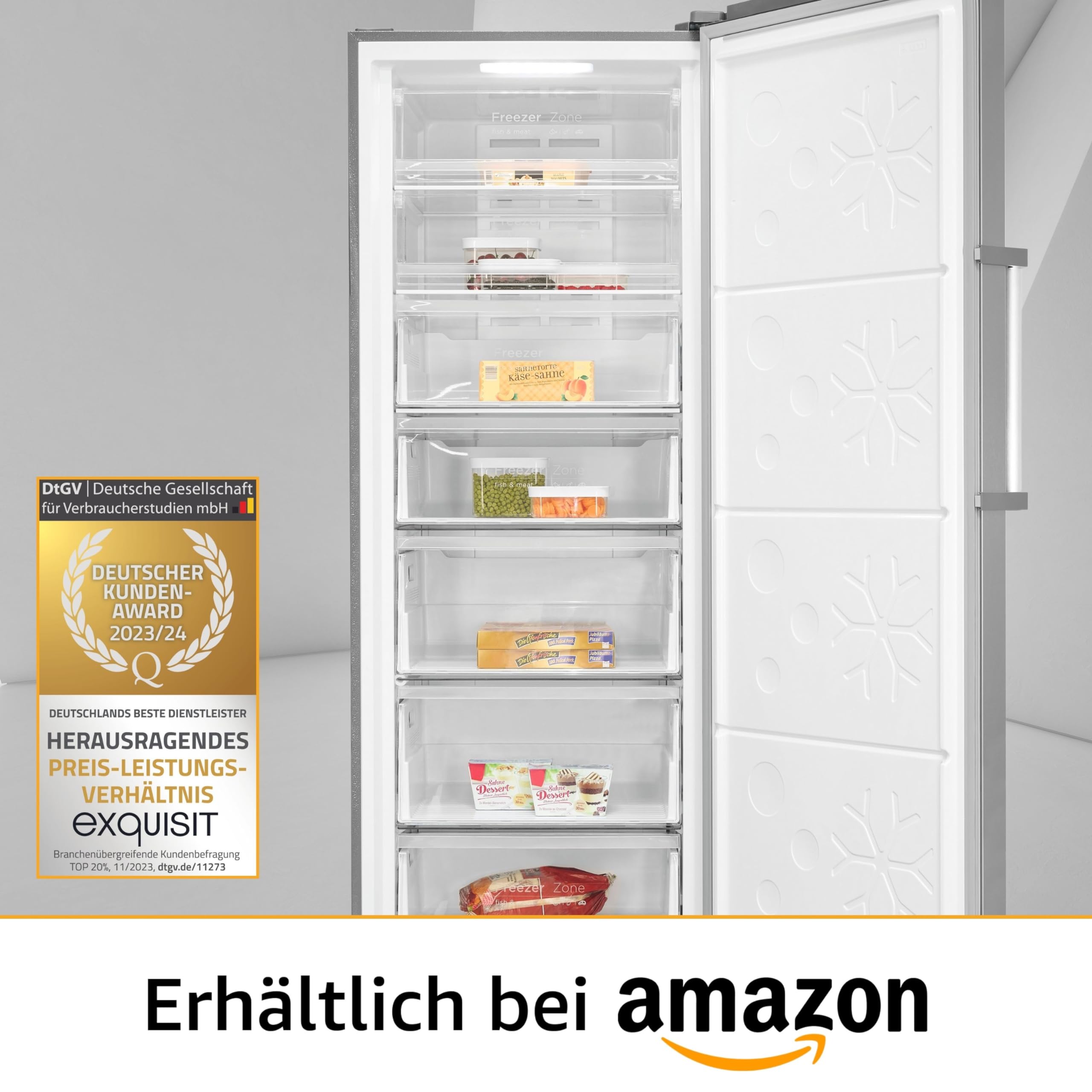 Exquisit Gefrierschrank GS380-NF-H-050D Inoxlook - 380 L No Frost | Großer Gefrierschrank mit LED-Beleuchtung - 4 Sterne Gefrierleistung - 39 dB - Tür-Alarm - Energieeffizienzklasse D