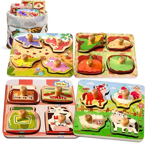 Rompecabezas de madera para niños pequeños, 4 piezas de rompecabezas de clavijas para niños de 2 a 4, rompecabezas de aprendizaje preescolar para 2