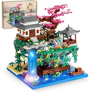 KASTWAVE Peach Blossom Pond Micro Mini Building Blocks Set, Chinese Architecture Cherry Bonsai Gift Toys with String Lights, Japanese Sakura Tree House Micro Bricks for Adults and 14+ Kids (3320 Pcs)