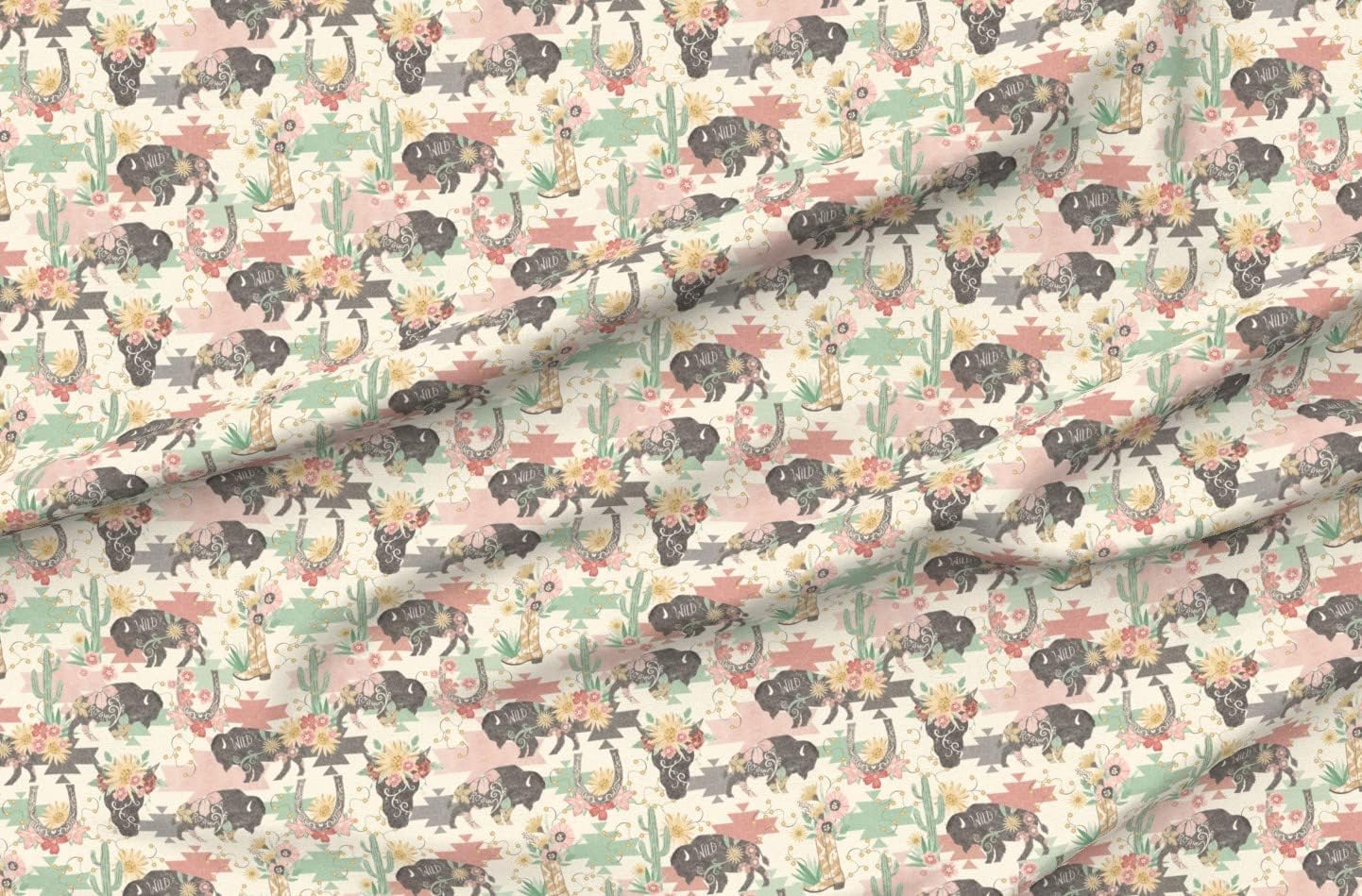 Spoonflower Fabric - Wild Buffalo Skull Sunflower Western Cowboy Tribal Printed on Minky Fabric by The Yard - Sewing Baby Blankets Quilt Backing Plush