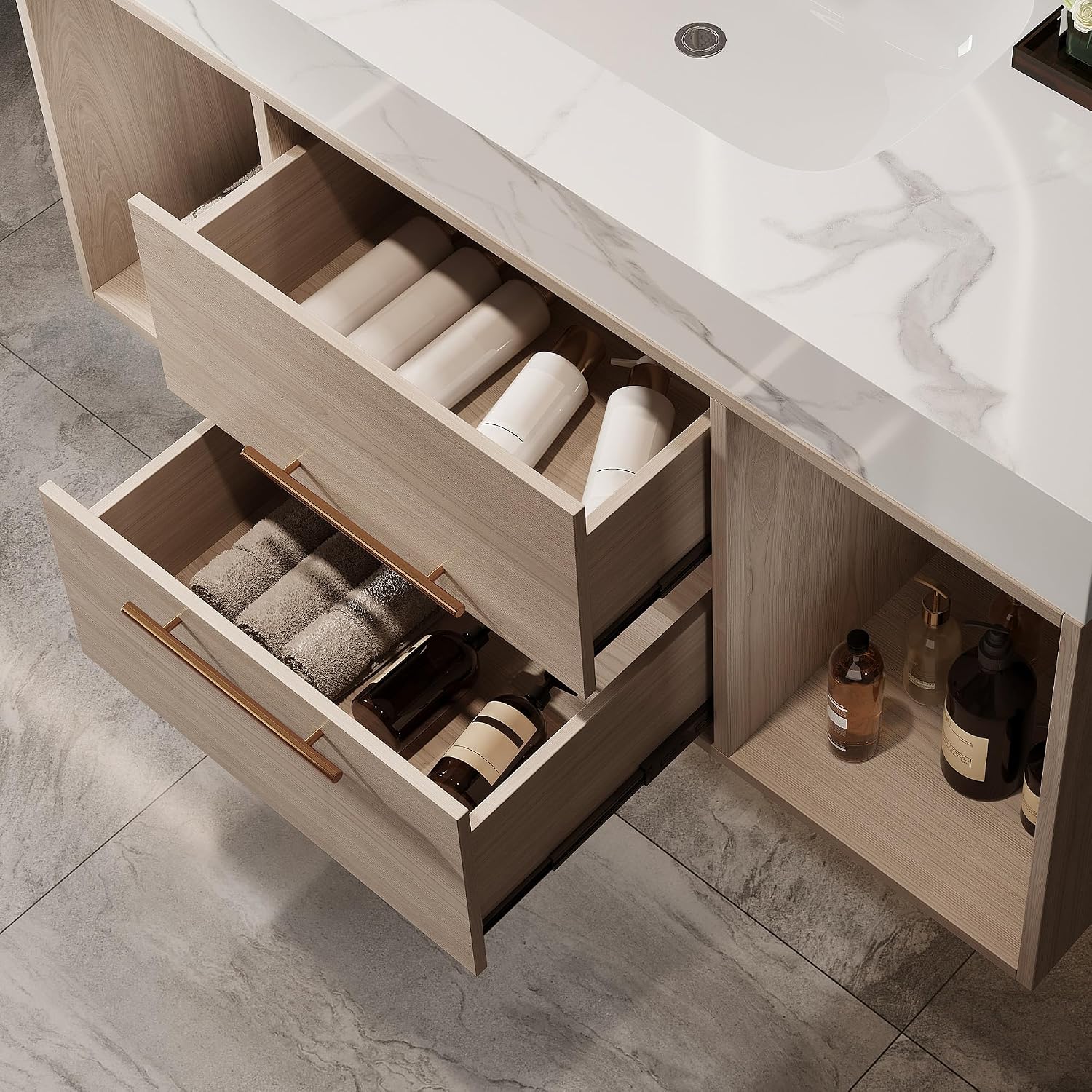 40" Bathroom Vanity with Sink Set, Modern Oak Wall Mounted Bathroom Vanity Cabinet with Sintered Stone Top&Gold Handle 2 Drawers&2 Open Storage, Single Sink Floating Bathroom Vanity