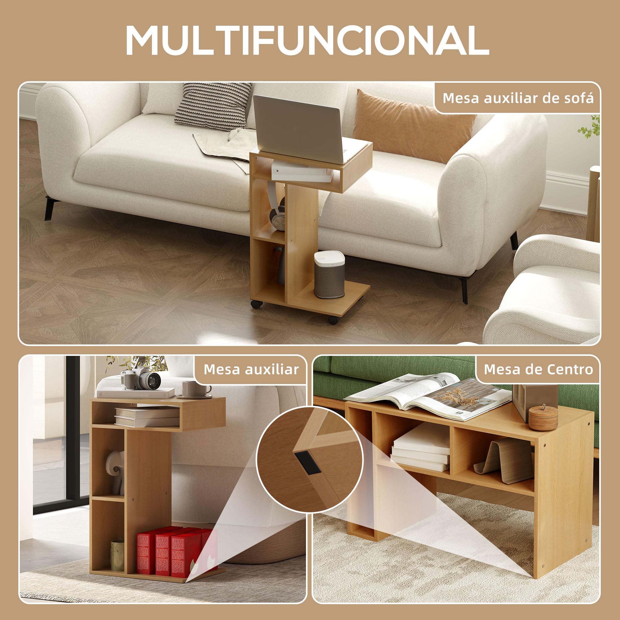 HOMCOM Mesa Auxiliar Multifuncional en Forma de C Mesa Auxiliar para Sofá con Ruedas Compartimentos Abiertos para Sofá Salón Dormitorio Oficina 40x30x69 cm Roble