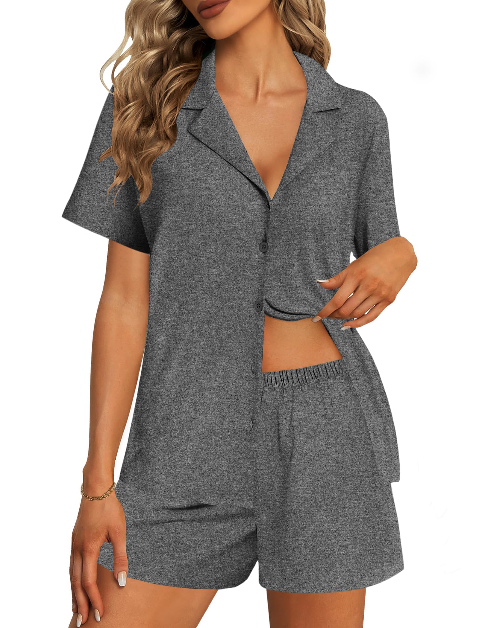 Ekouaer Womens Pajama Sets 2 Piece Cotton Pjs Button Down Sleepwear Short Sleeve Lounge Set with Pockets