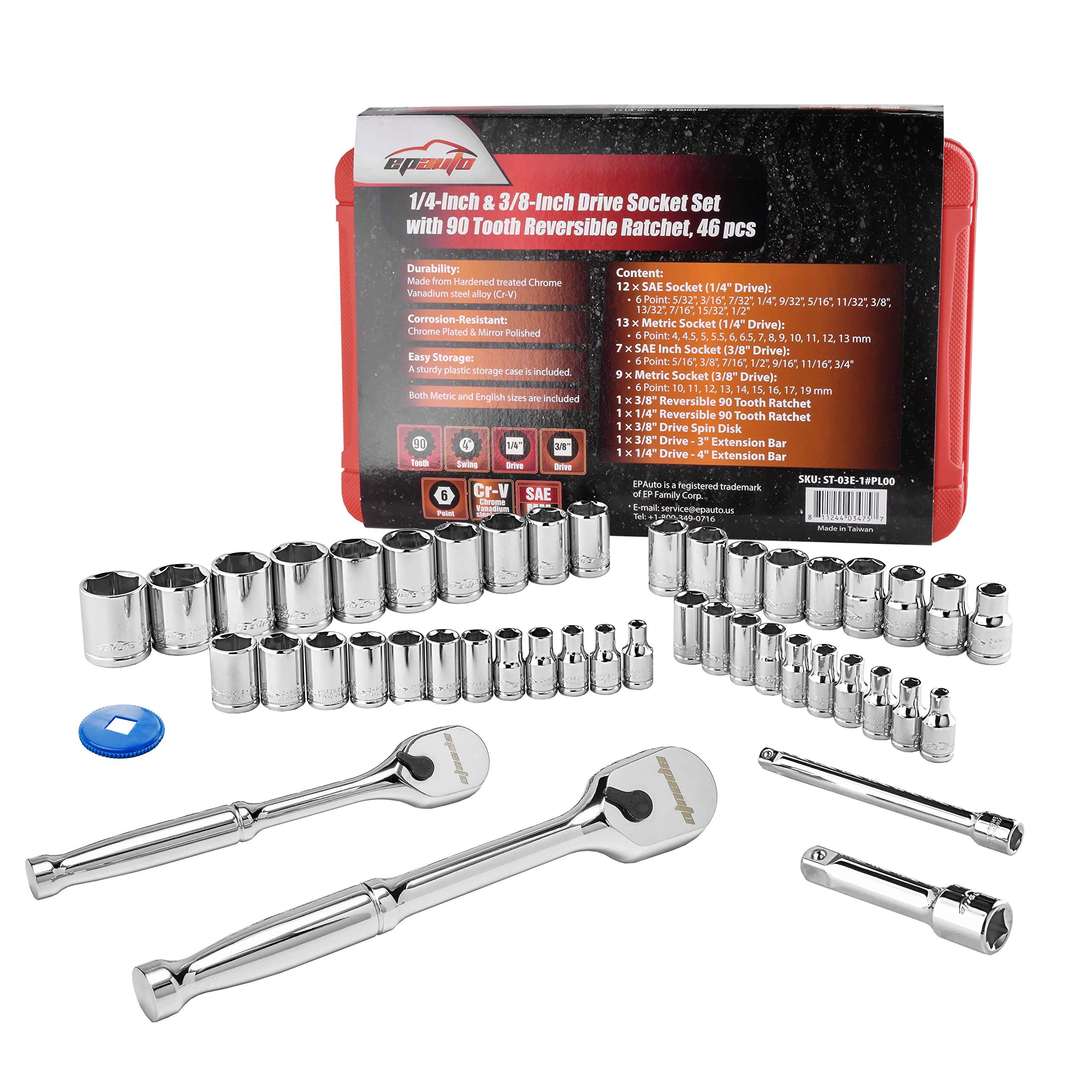 EPAuto 46 Pieces 1/4-Inch and 3/8-Inch Drive Socket Set with 90 Tooth ...