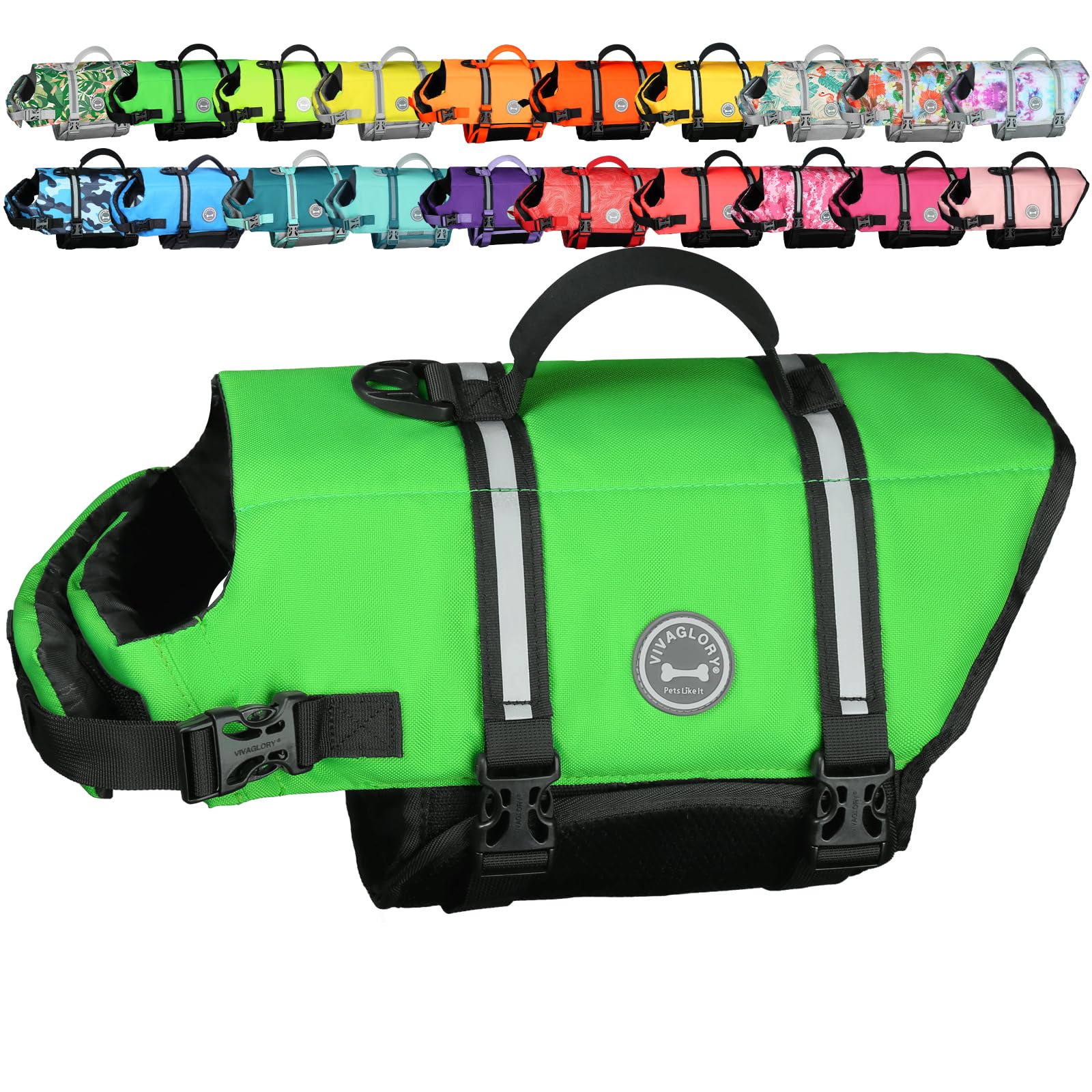 VIVAGLORY Rip Stop Dog Life Vest, Swimming Vest with Handle, Buoyancy for Doggy Puppy, Dog Life Jacket for Swimming & Boating, XS, Bright Green