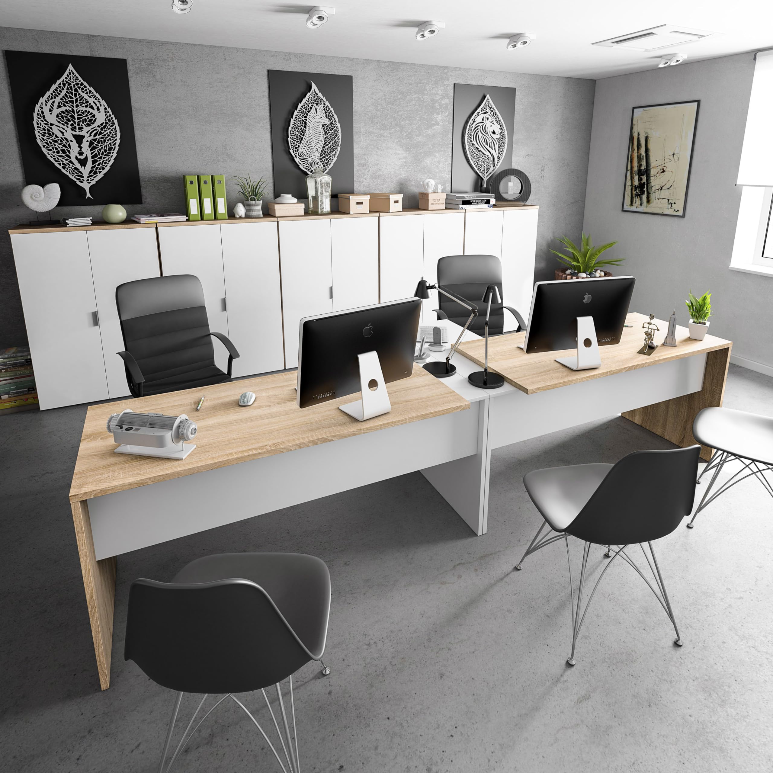 Habitdesign Mesa de Escritorio Reversible con Cajonera, Modelo Office BUC, Mesa de Oficina o Despacho, Modelo Office, Acabado Blanco Artik y Roble Canadian, Medidas: 145x102x73 cm