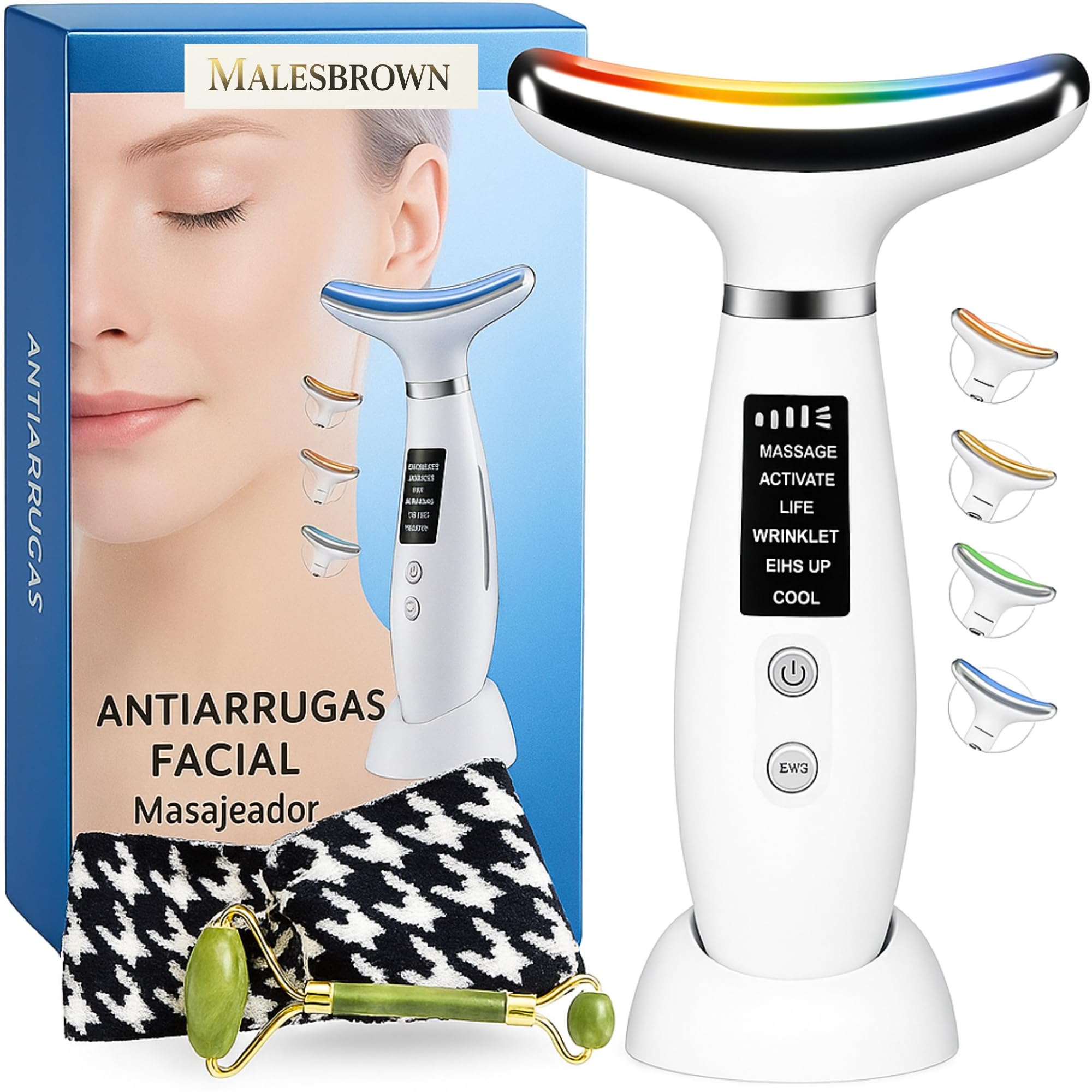 MALESBROWN® Masajeador Facial Electrico Antiarrugas con Luz LED EMS Premium + Regalo Rodillo de Jade y Cinta de Pelo Radiofrecuencia Facial Antiedad Reafirmante Antienvejecimiento rostro y cuello