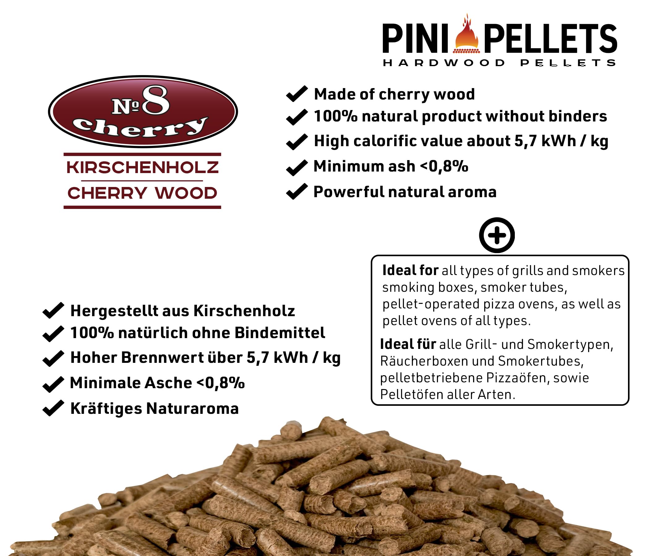 PINI Pellets № 8 Ciliegio 10 kg Pellets di legno duro per barbecue, affumicatura e griglia