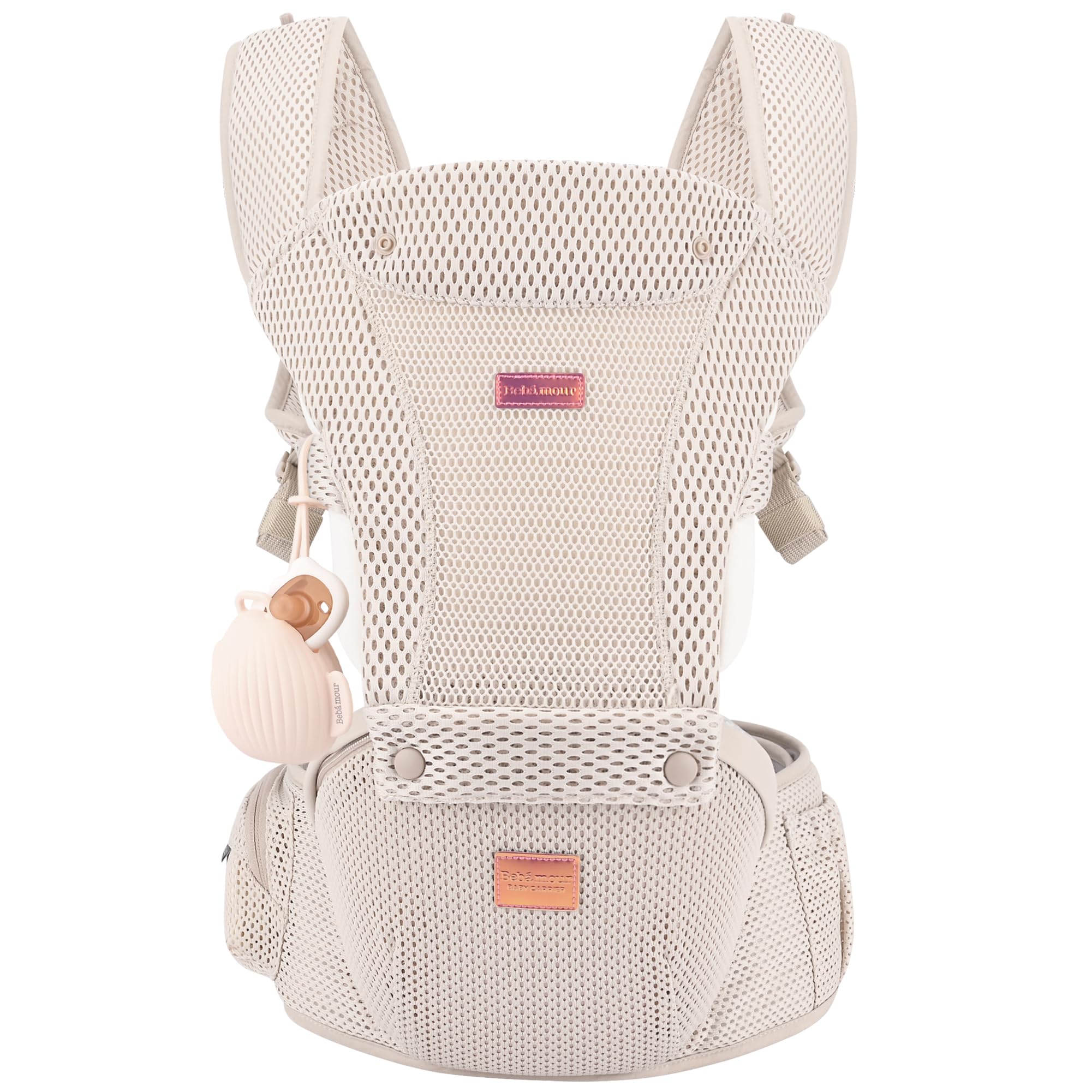 Bebamour Mochila portabebés para recién nacidos y niños pequeños, asiento para la cadera de 0 a 36 meses con capucha, 3 protectores para mordeduras, extensión para la cadera,tejido de malla dorado