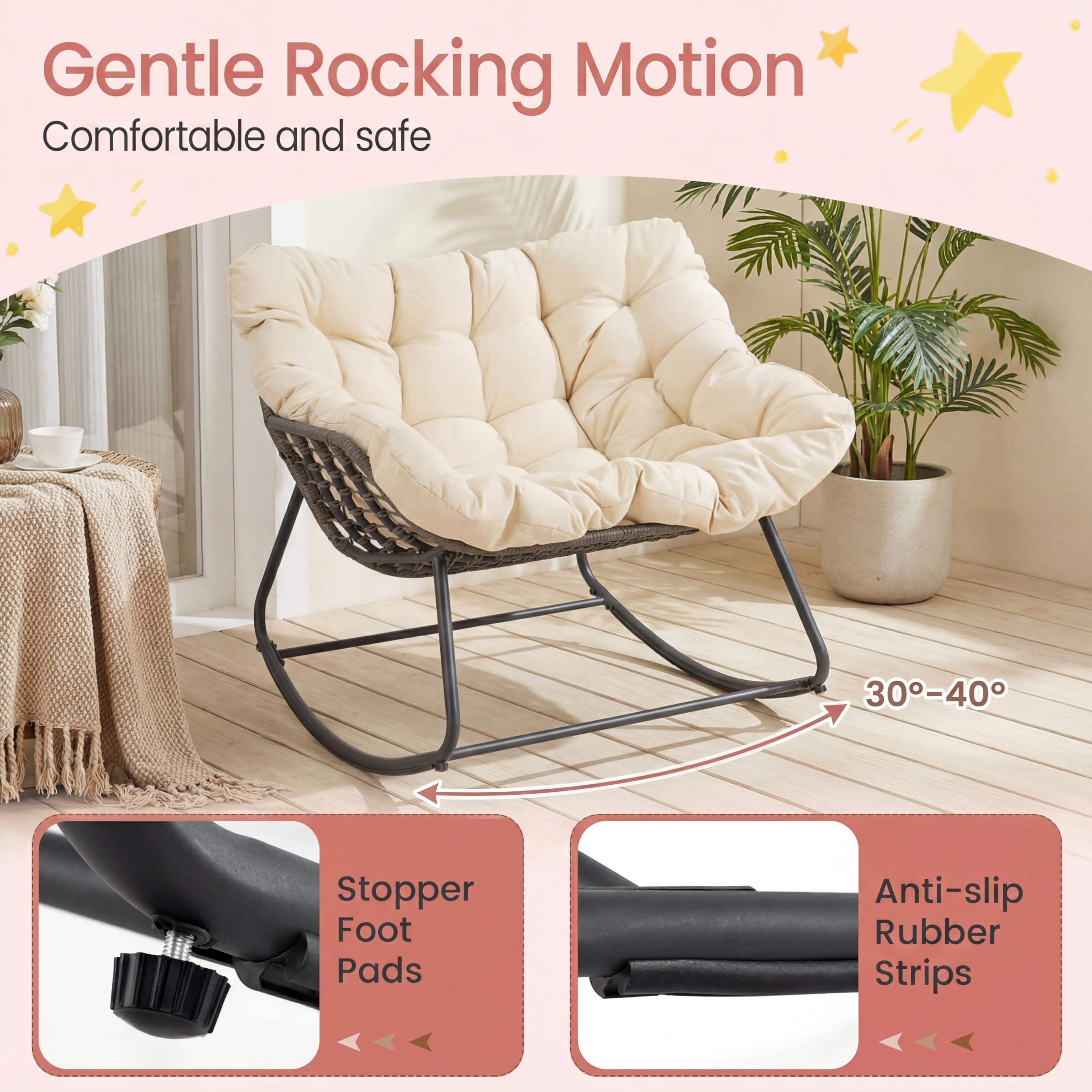 SOARS Fauteuil à Bascule de Jardin, Chaise à Bascule Papasan en Rotin avec Coussin Rembourré et Amovible, Cadre en Métal, Charge 150 KG, pour Intérieur et Extérieur, Salon Balcon Terrasse, Beige