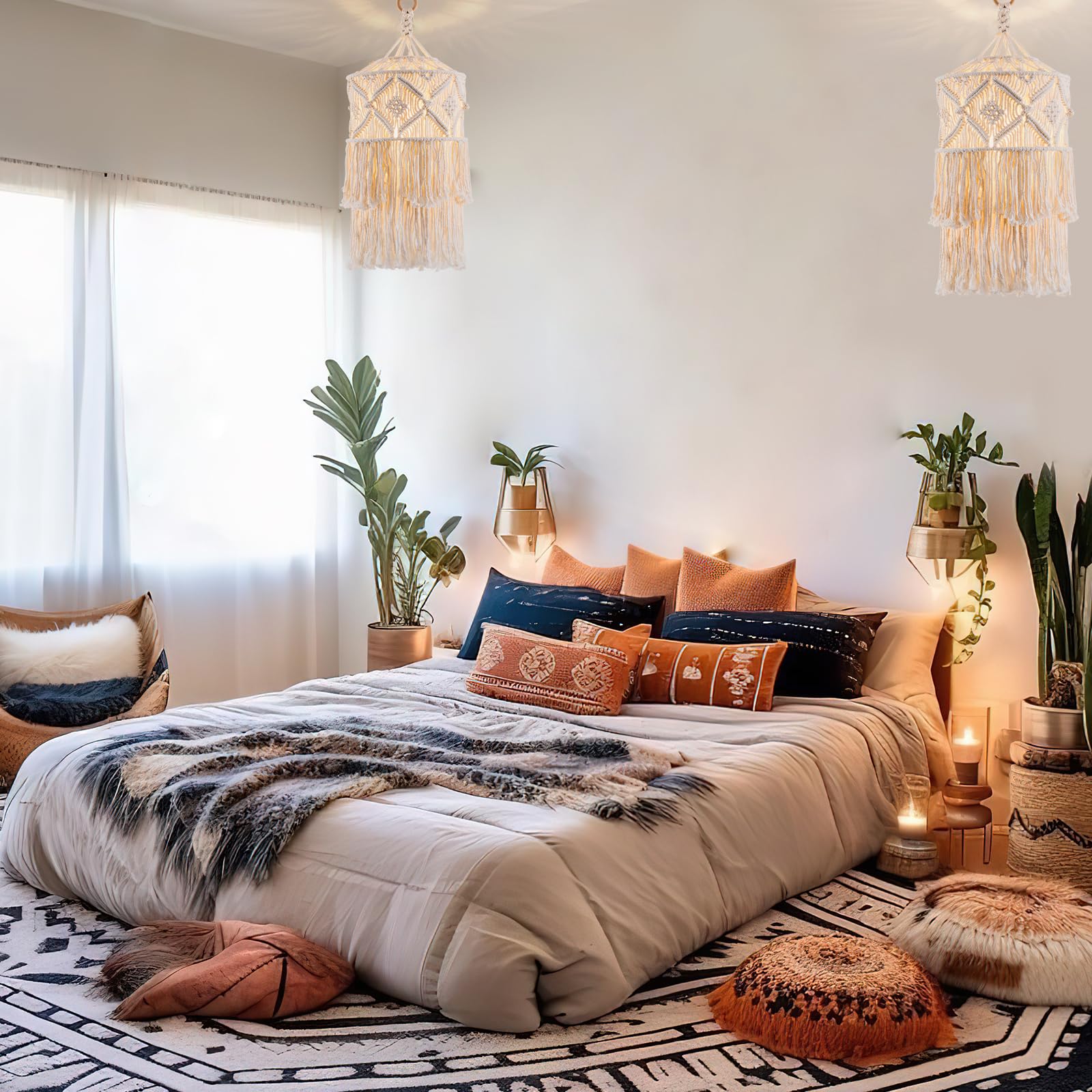 Boho Plug in Pendant Light, Hanging Light with Plug in Cord, Hanging Lamp with Handmade Macrame Lamp Shade, Boho Plug in Hanging Light Fixtures for Living Room Bedroom Decor