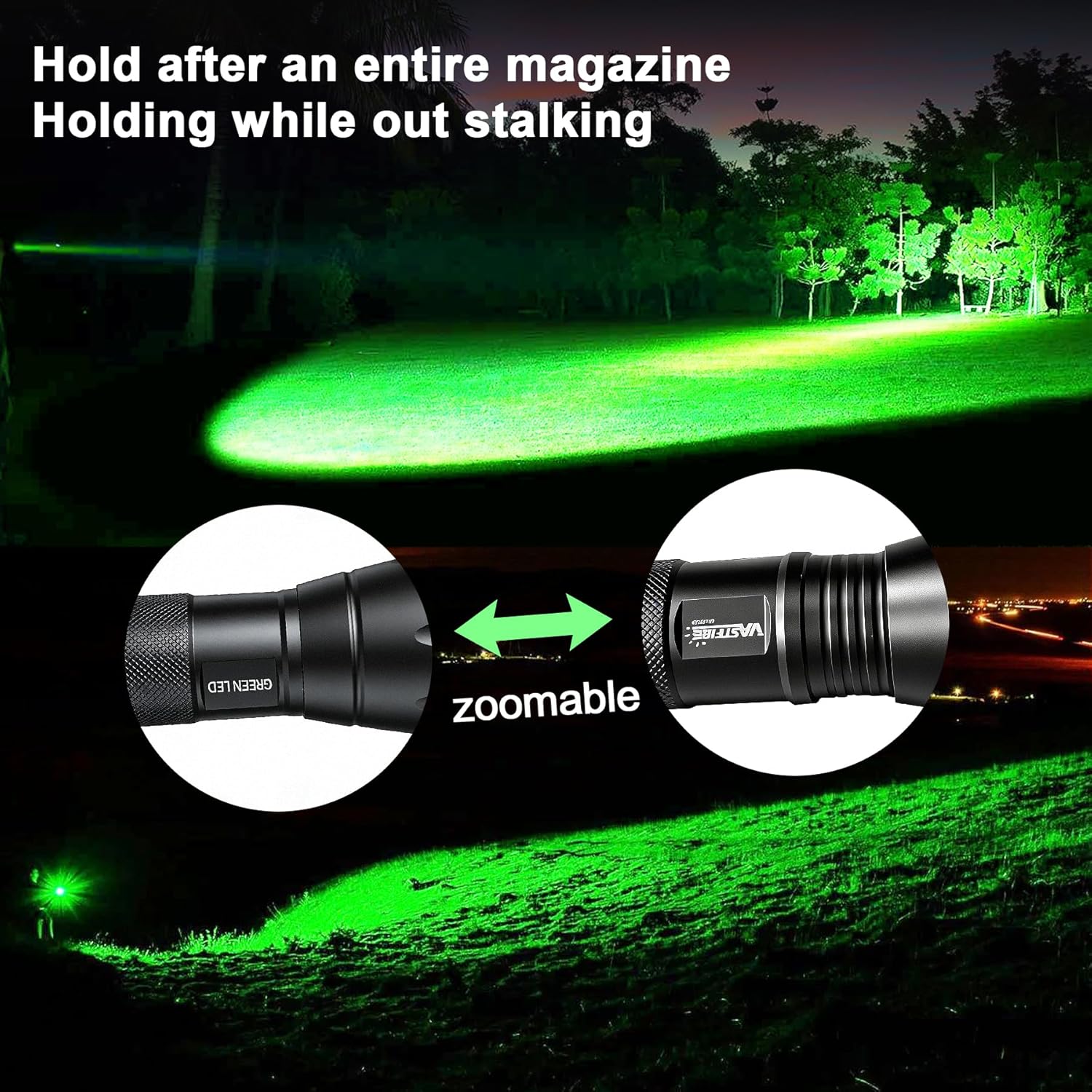 VASTFIRE 350 Yard Green Hunting Light Zoomable Flashlight Hog Predator Lights with Pressure Switch Picatinny Rail Mount 1 Inch to 30mm Scope Mount Gift Carrying Case