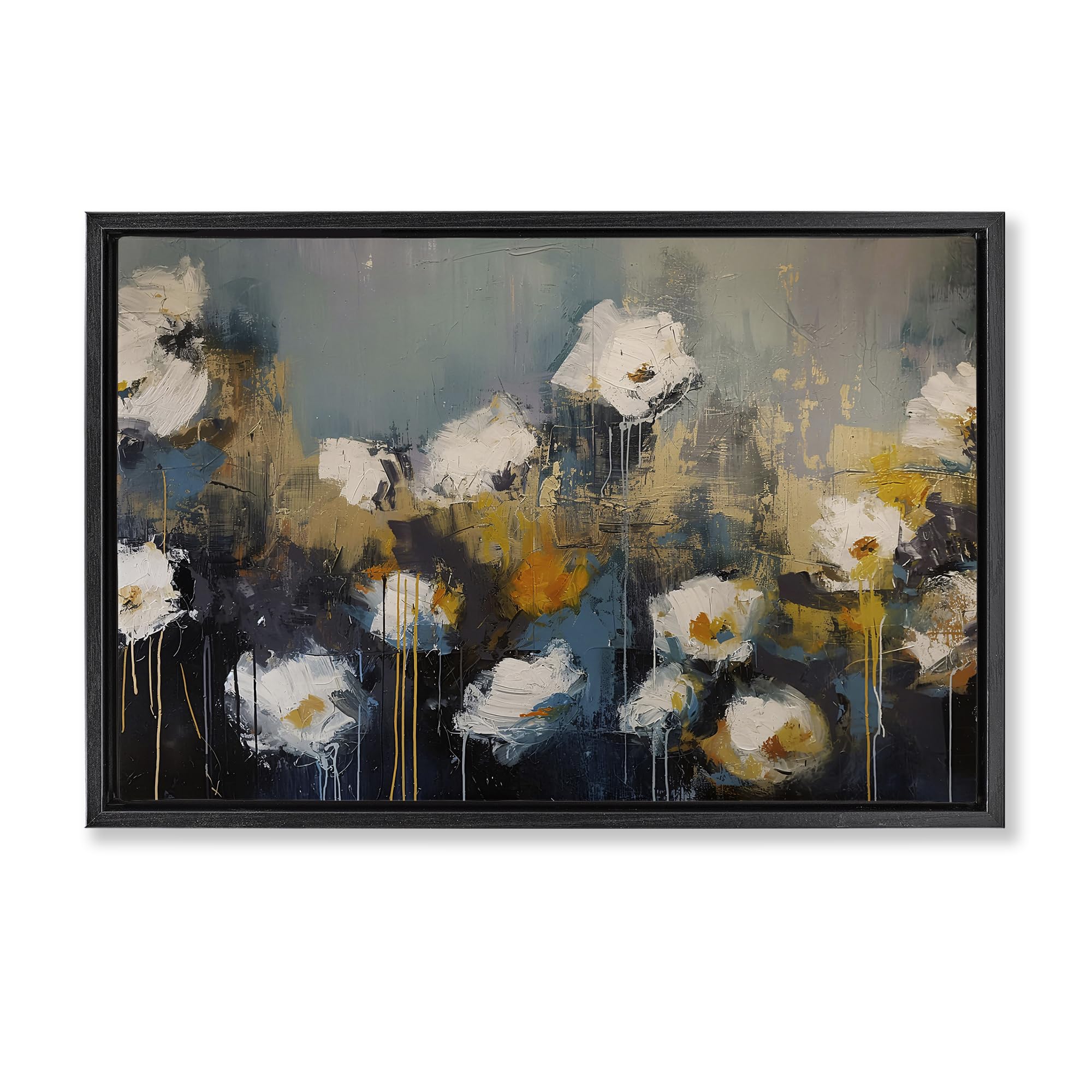 Stupell Industries 'Contemporary Paint Drip Blossoms', Floating Frame Canvas Art, Black, 31 x 21 Inches, Easy to Hang and Sturdy, Made in USA, by Jacky Ngan