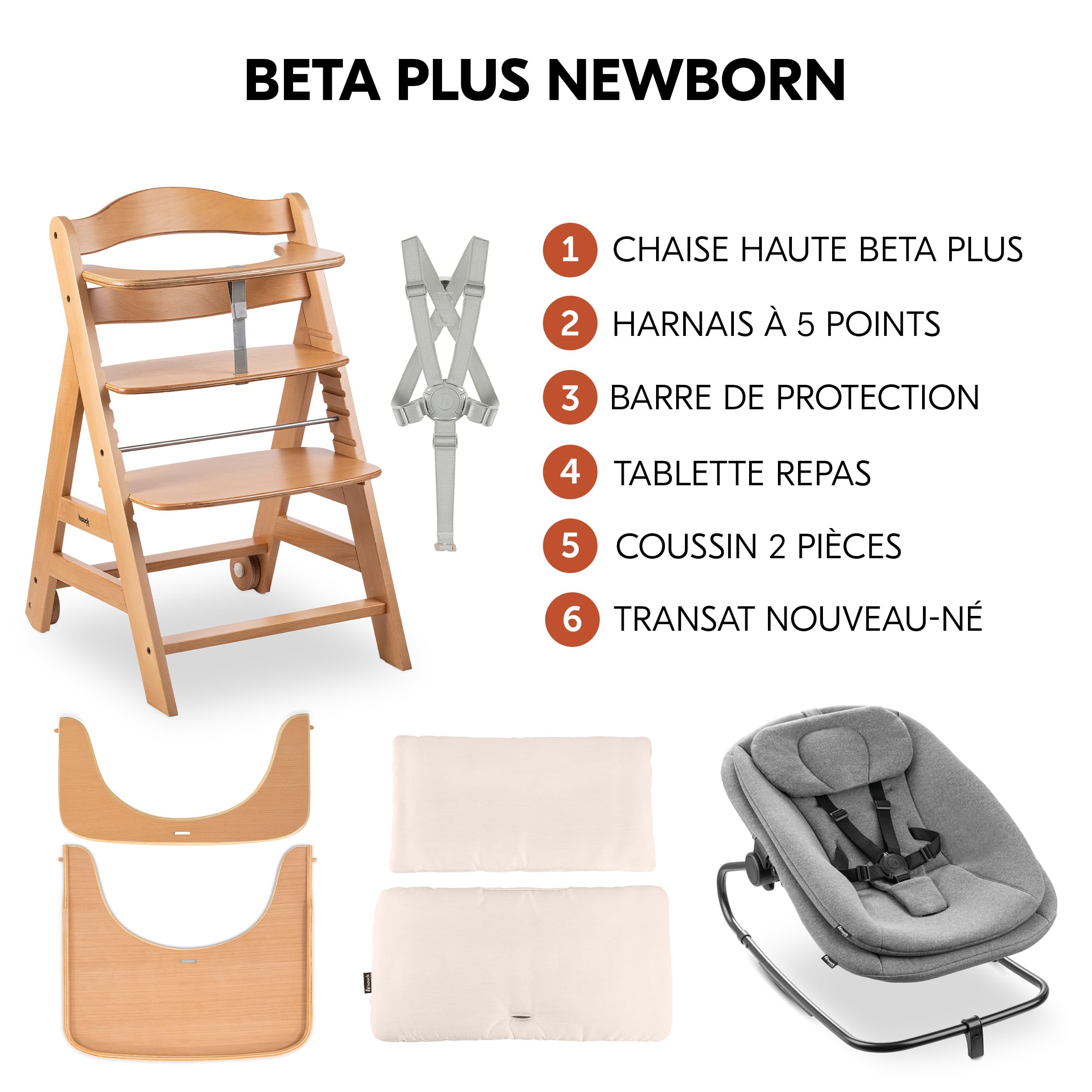 hauck Chaise Haute Bébé Beta+ avec Siège Highchair Bouncer - Natural | Chaise haute évolutive en bois, de la naissance à 90 kg, inclus assise bébé ergonomique, roues, plateau repas, coussin