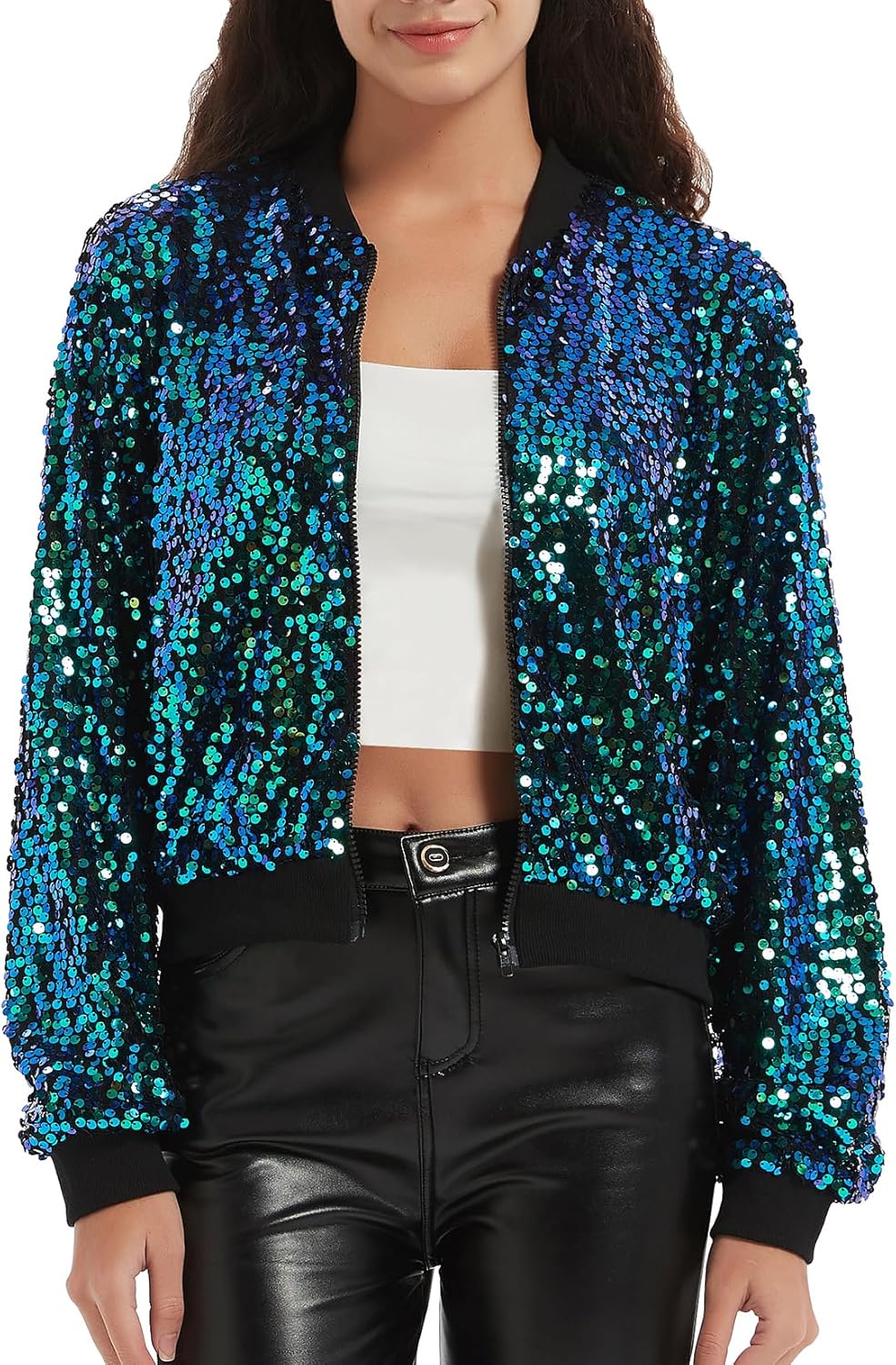 Women's Sequin Long Sleeves Zipper Jacket Coat Pilot Jacket Festival Carnival Glitter Jackets