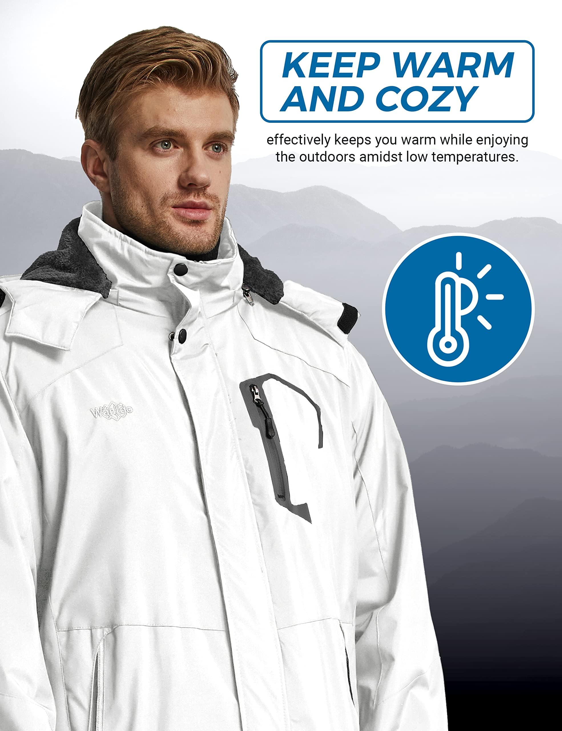 Wantdo Giacca da Sci Montagna Calda Invernale Parka da Neve Imbottita Cappotto da Snowboard in Pile Giubbotto con Cappuccio Impermeabile Uomo