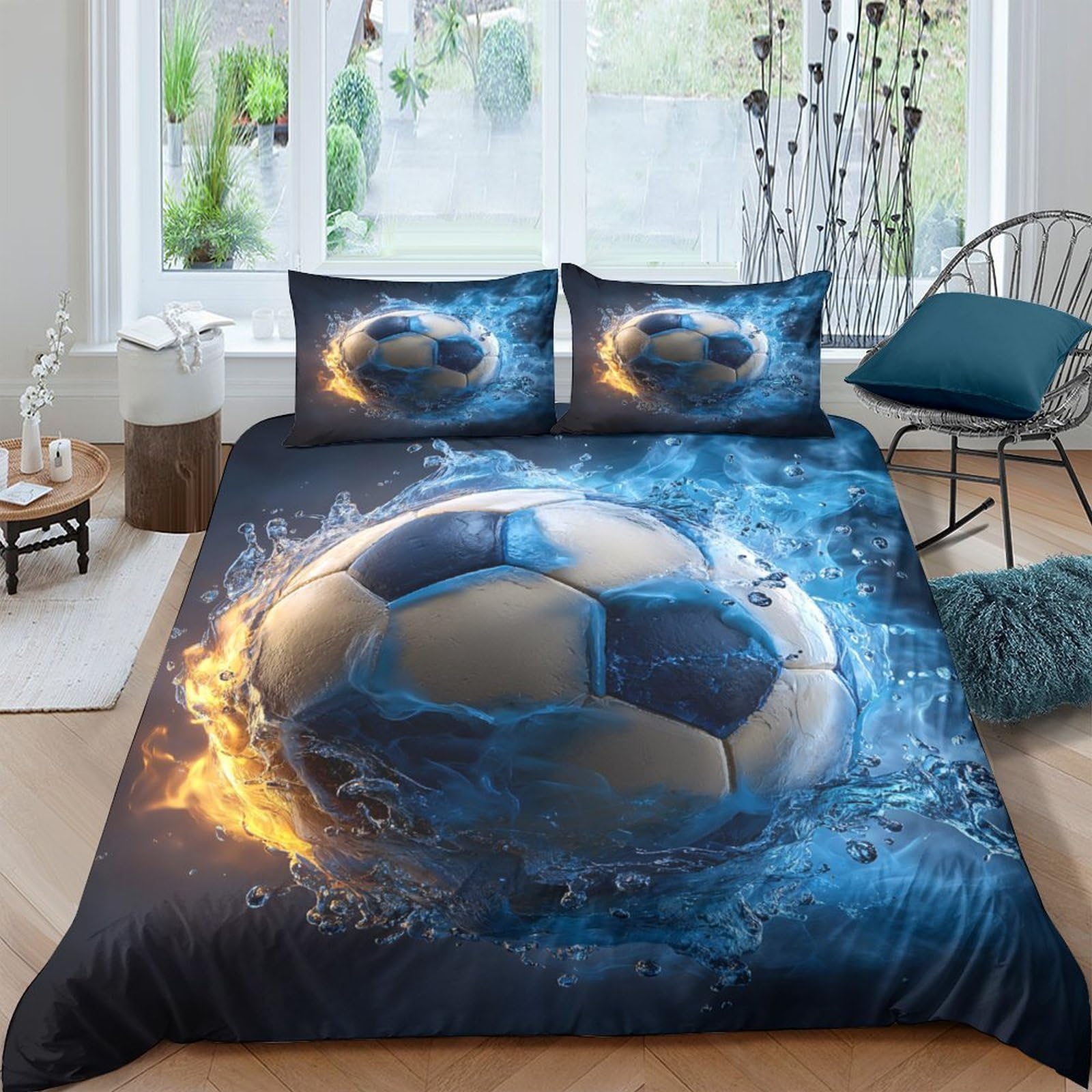 Ctjqhvkz Style-6 3D Printed Soccer Fire Blue Fitted Sheet Microfiber Anti-Slip Mattress Cover Bedroom Decor Machine Washable Single（135X200cm）