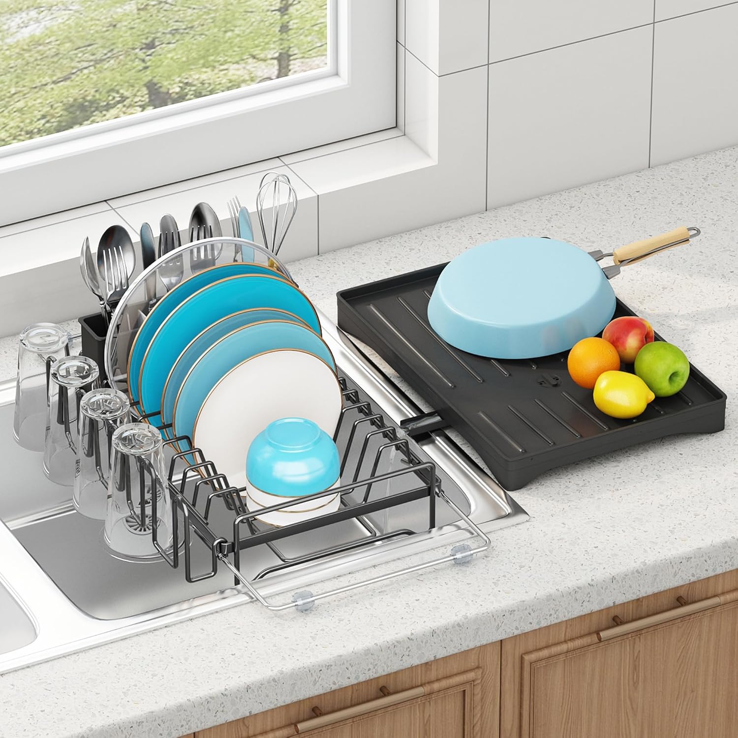 ANTOPY Dish Drying Rack in Sink, Expandable Rustproof Dish Rack for Kitchen Counter, Over The Sink Dish Drainer with Utensil Holder, Cup Rack, Drainboard, Space Saving Dish Dryer Rack for Inside Sink One Tier (Medium - Countertop + In Sink)
