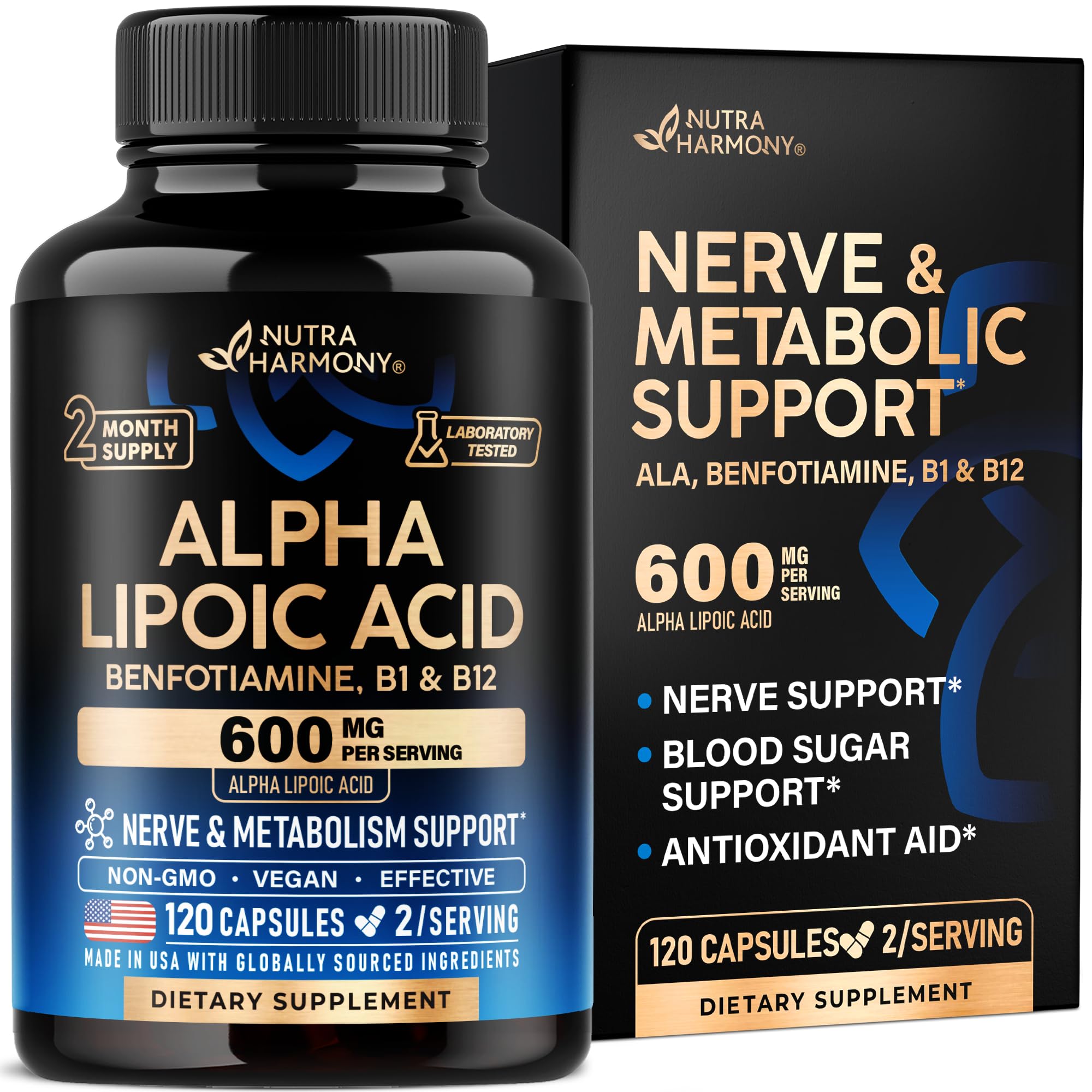 Alpha Lipoic Acid 600mg - ALA Supplement + Benfotiamine B1 & B12 - 120 Caps