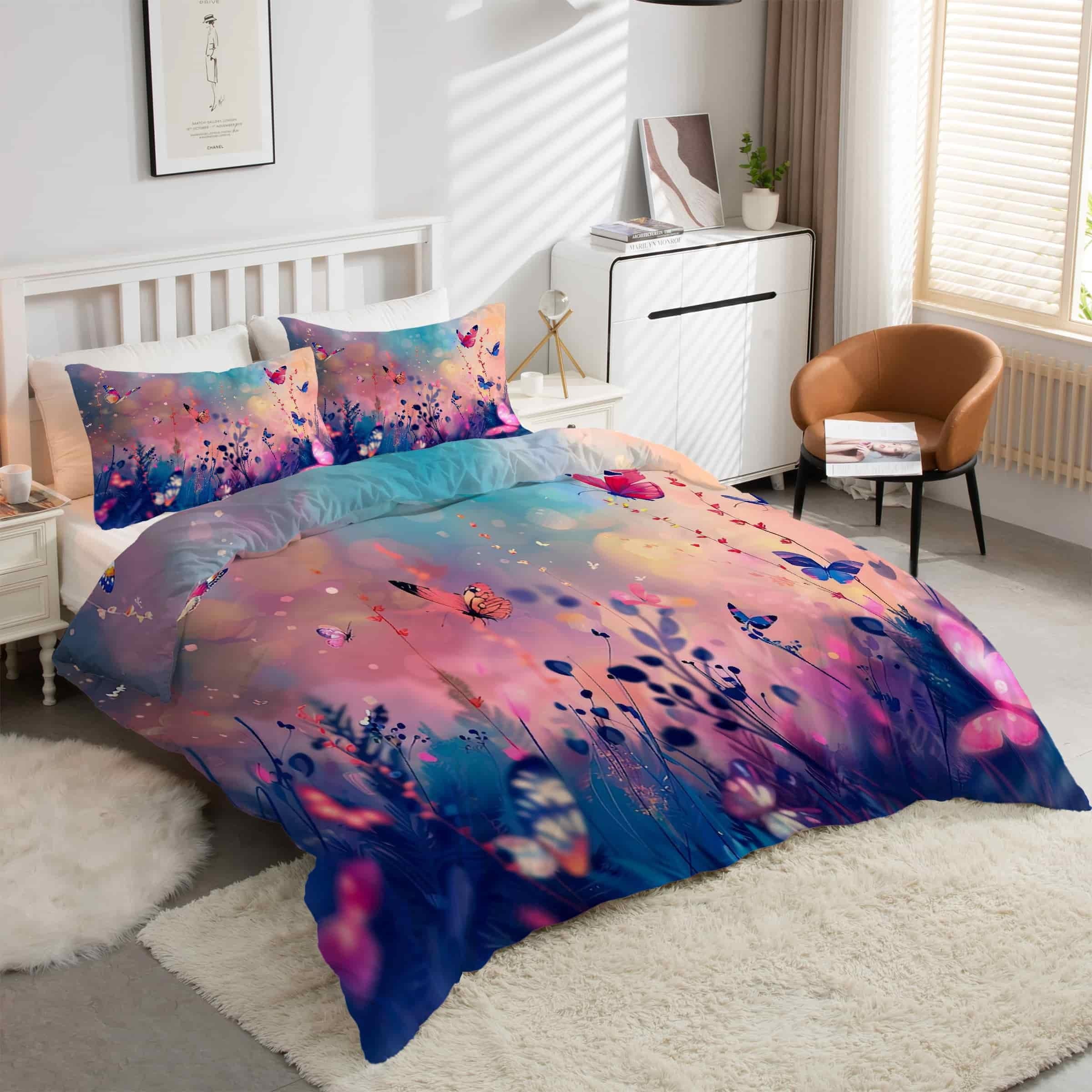 Housse de couette papillon 240x260 cm de qualité supérieure avec taies d'oreiller zippées
