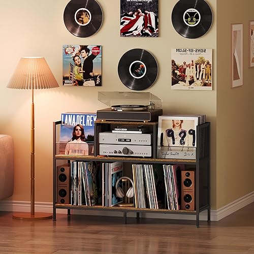 Miniatura 4 de Mesa grande para tocadiscos vintage con 4 divisores ajustables, armario de almacenamiento de discos de vinilo para hasta 350 álbumes, soporte
