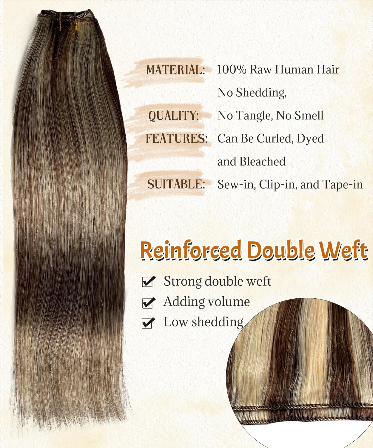 Extension di capelli umani da cucire a livello di salone di bellezza, tessitura a mano, ad alta densità, flessibile, senza miscela sintetica, non perde capelli, tripla durata, spessore naturale, da