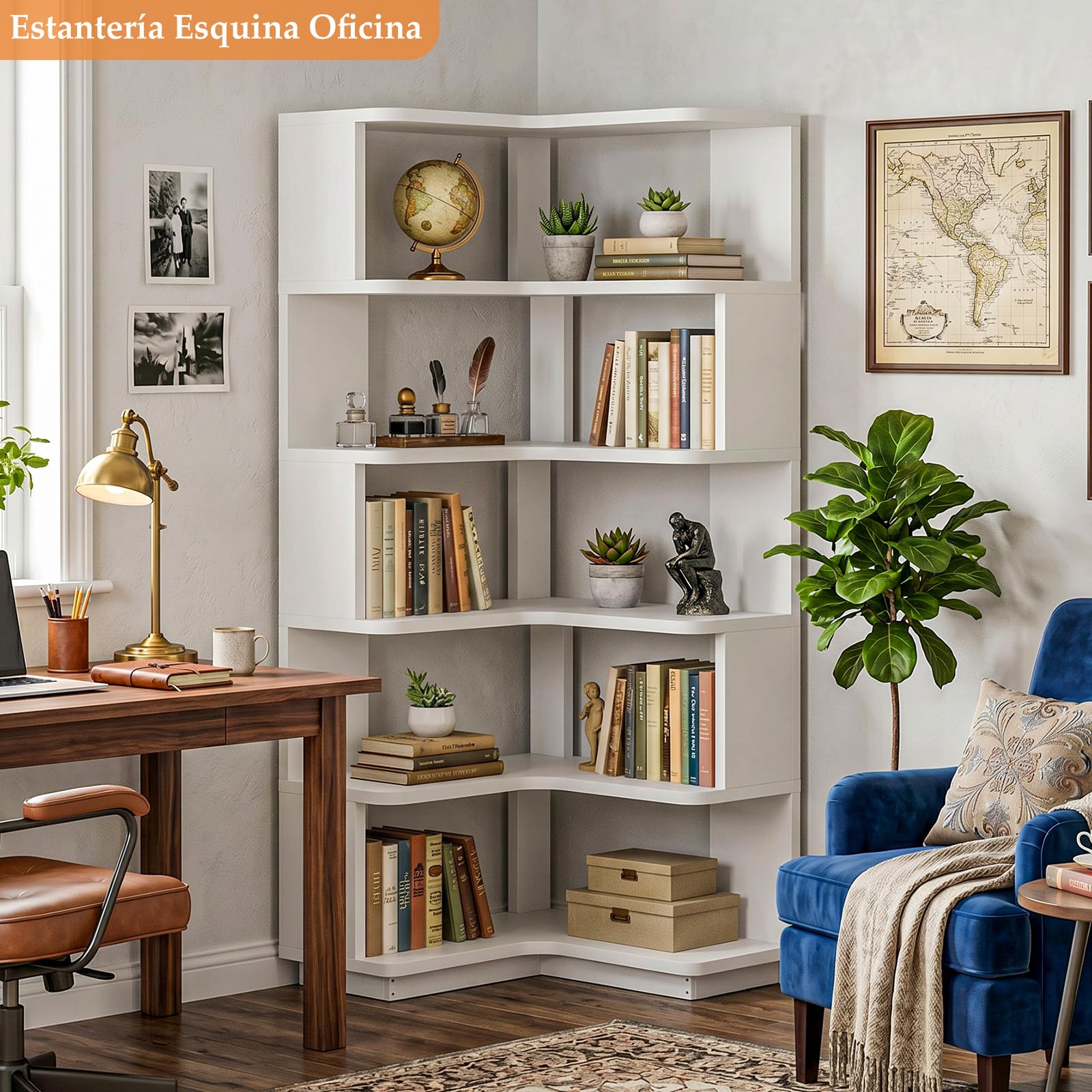 Homieasy Estantería Esquina de 5 Niveles para Libros, Blanco | 60x60x162cm, Forma L, Independiente con Sujetalibros, Salón y Oficina, Ahorro Espacio, Madera MDF