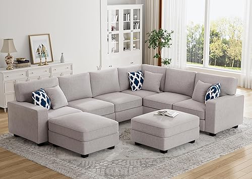 Legend Vansen Sofá modular modular en forma de U con otomana, moderno sofá modular de esquina reversible para sala de estar (gris claro, sofá en