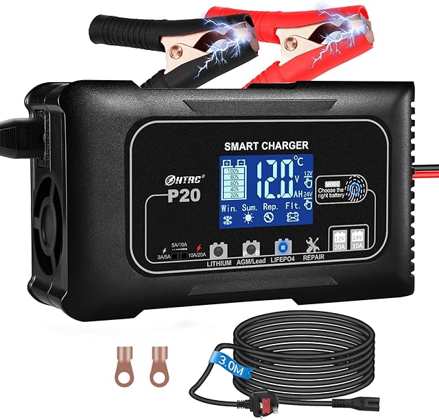 HTRC 20A Car Battery Charger 12V/24V, Battery Maintainer, Trickle Charger and Battery Desulfator with LCD Screen for Boat, SUV, Motorcycle/ LITHIUM, LiFePO4 and Lead-Acid(AGM, GEL, MF, EFB, SLA, WET)