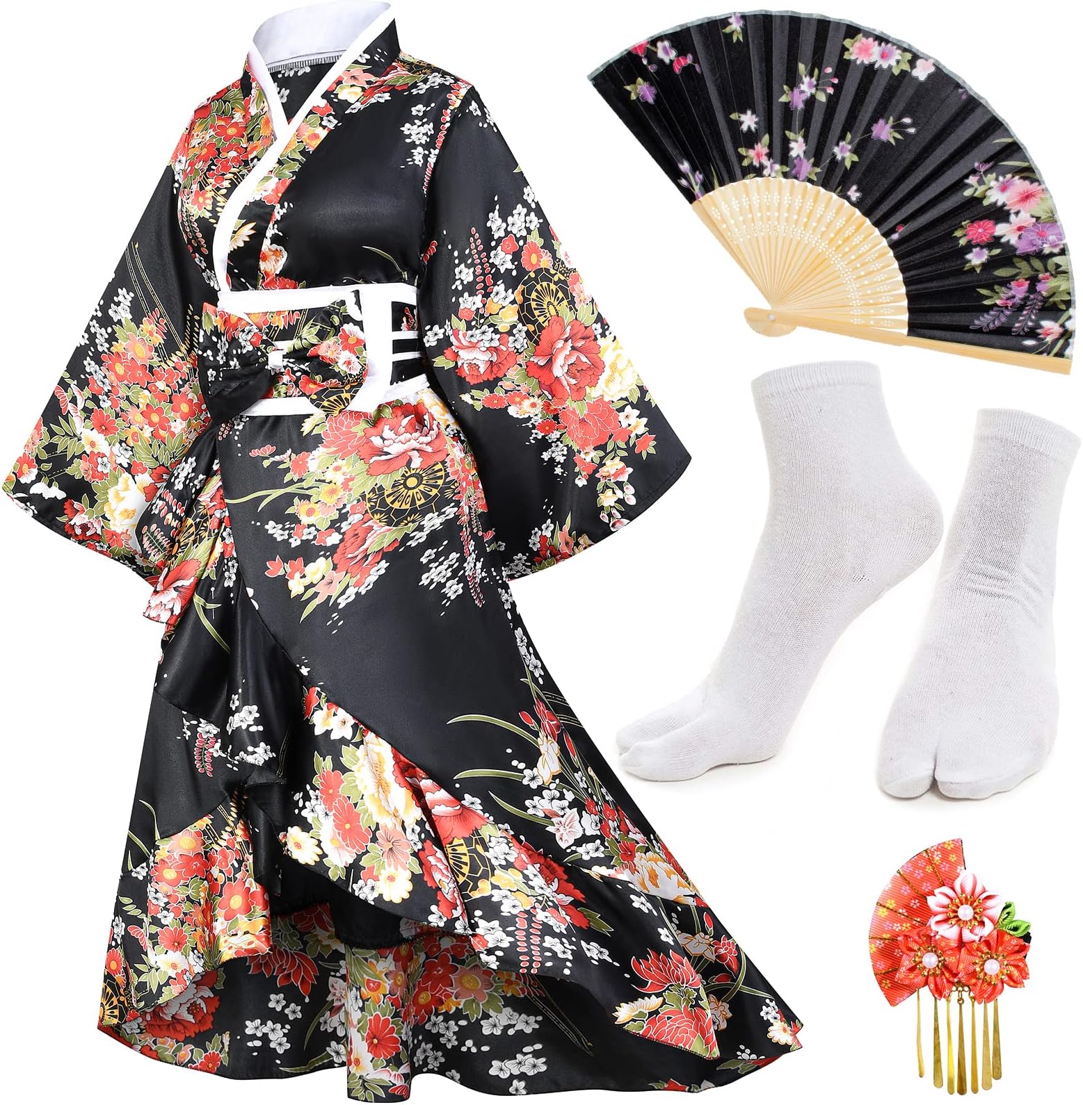 Women's Kimono Robe Geisha Yukata Sweet Tuxedo Ruffle Dress Blossom Satin Bathrobe Sleepwear Fans Tabi Socks Set