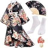 Women's Kimono Robe Geisha Yukata Sweet Tuxedo Ruffle Dress Blossom Satin Bathrobe Sleepwear Fans Tabi Socks Set