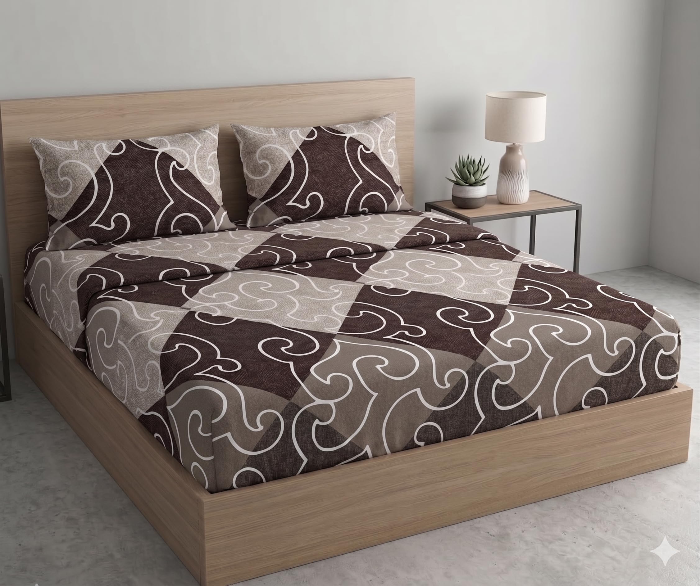 DECOMIZER Cotton Feel Glace Cotton Elastic Fitted Printed King Size Double Bed Bedsheet with 2 Large Pillow Covers Fits Upto Mattress of 8 Inches,Size - 72 x 78 x 10 Inches,Big Box Coffee