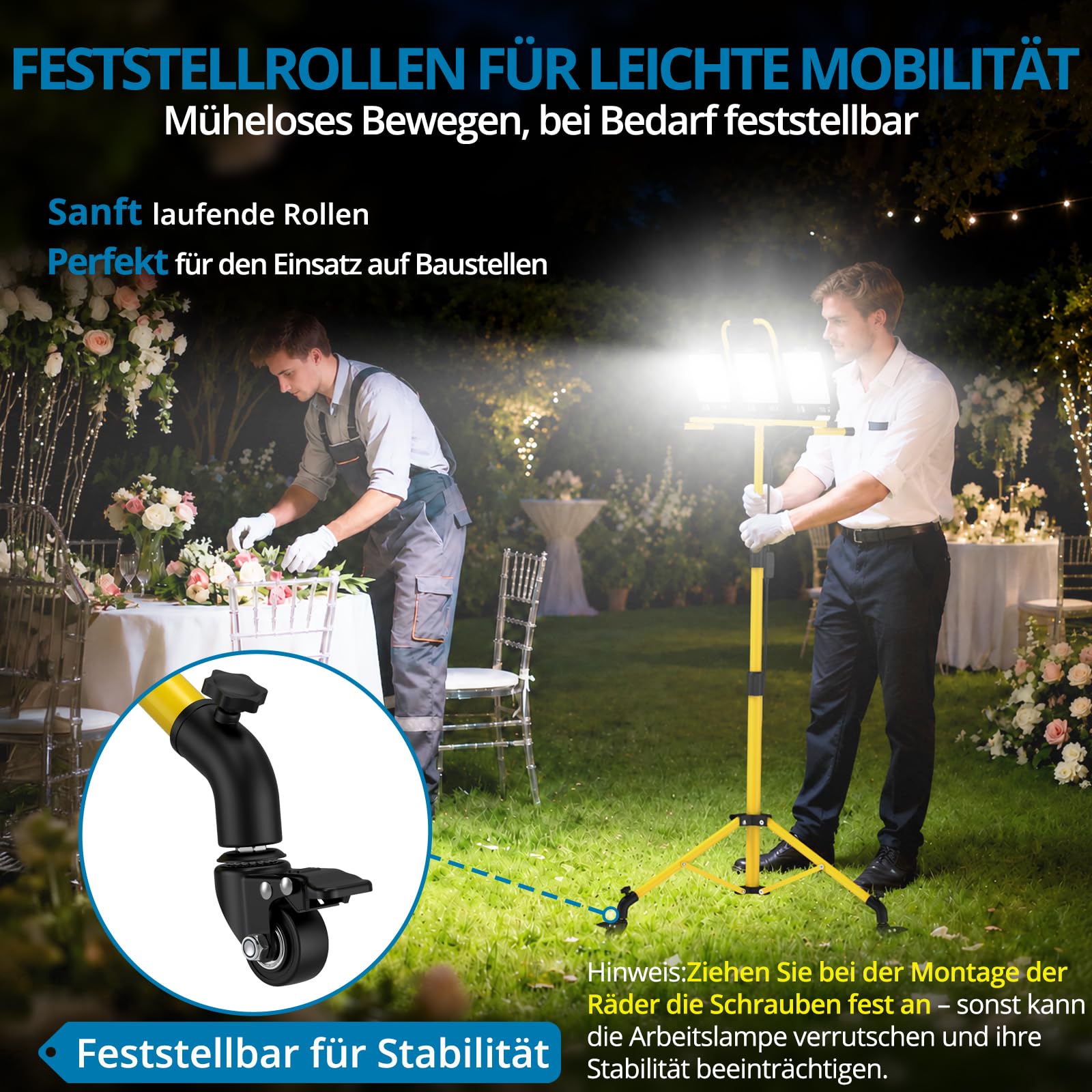 AUTOUTLET Baustrahler LED mit Rollstativ 300W, 3000K/5000K/6500K & 5M Kabel | 27000LM Baulampe mit Feststellbremse, 118-174cm Höhenverstellbar Stativ, IP66 Wasserdicht, Abnehmbar, für Garage Baustelle