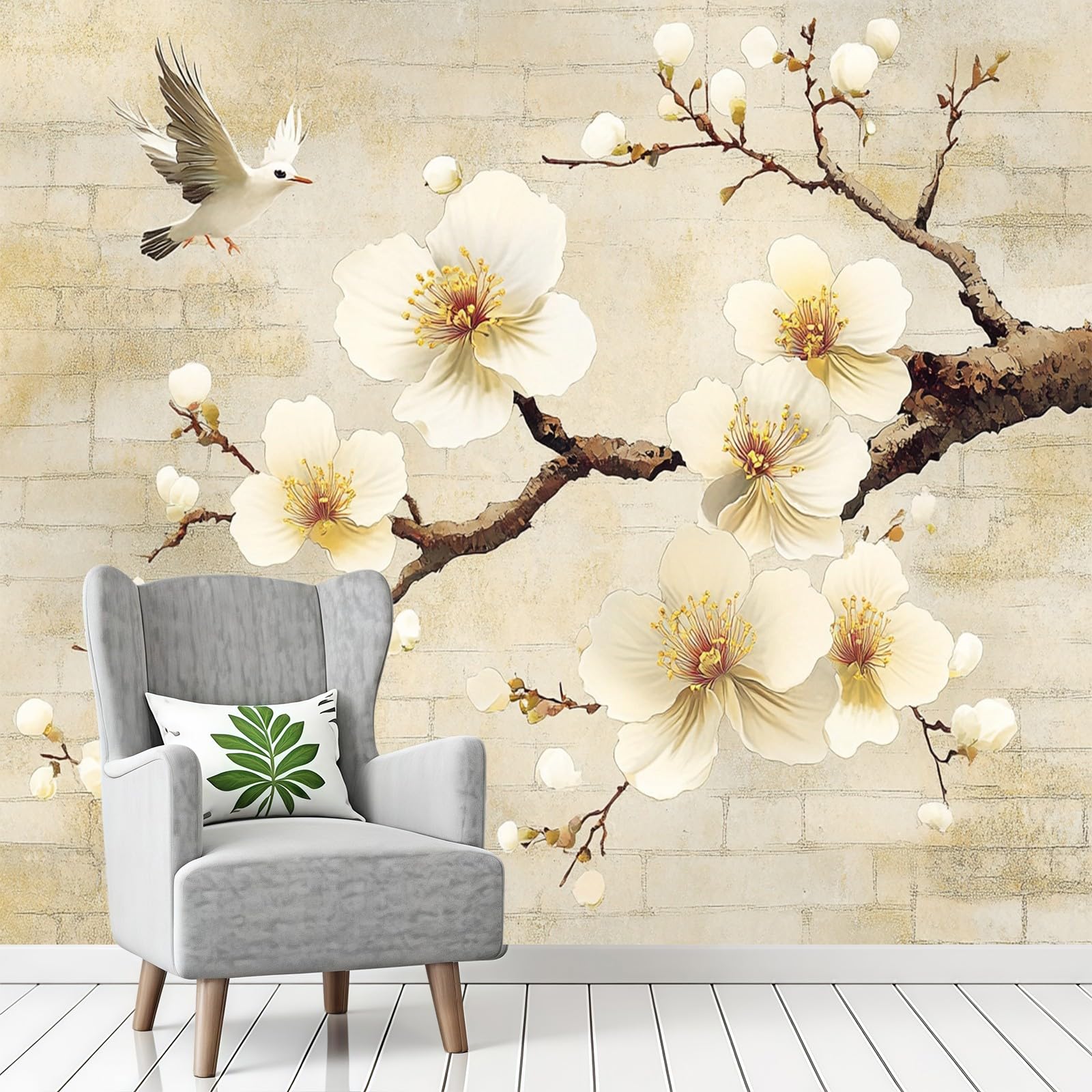 Carta da Parati Fiori astratti su muro di mattoni300 x 210 cm Fotomurale TNT Beige chiaro Decorazione Parete Moderna per Soggiorno Camera da Letto
