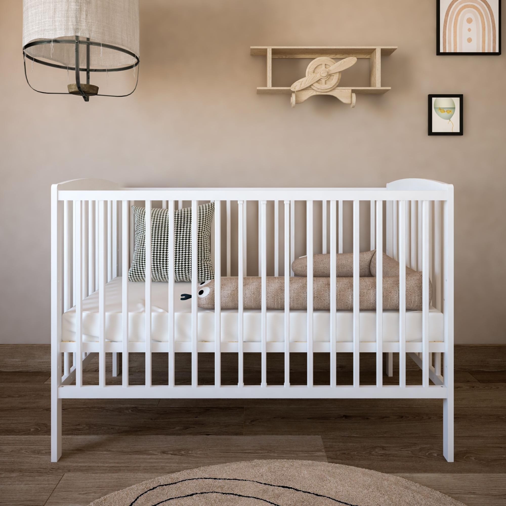 zee Cuna para Bebé 120 x 60 cm Blanca 2 en 1 Convertible en Cama Junior Altura Ajustable en 3 Niveles con Barandilla de Seguridad Madera de Pino